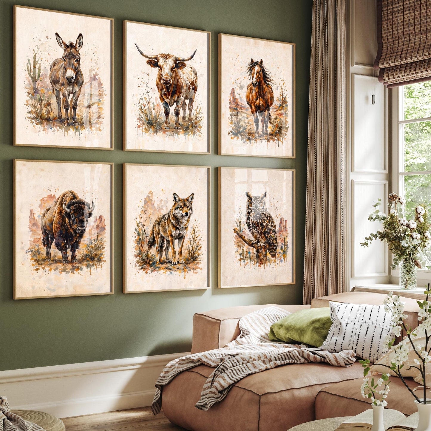 Set of Six Western Wildlife Watercolour Art Prints - 6 Desert Animal Posters - Burro, Longhorn, Mustang, Bison, Coyote, Great Horned Owl