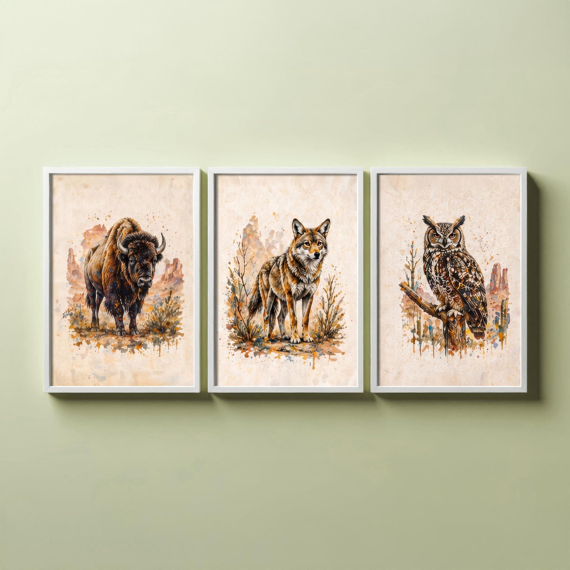Western Wildlife Set of Three Watercolour Art Prints V2 - Bison Wolf and Great Horned Owl - Desert Animal Posters Wall Decor