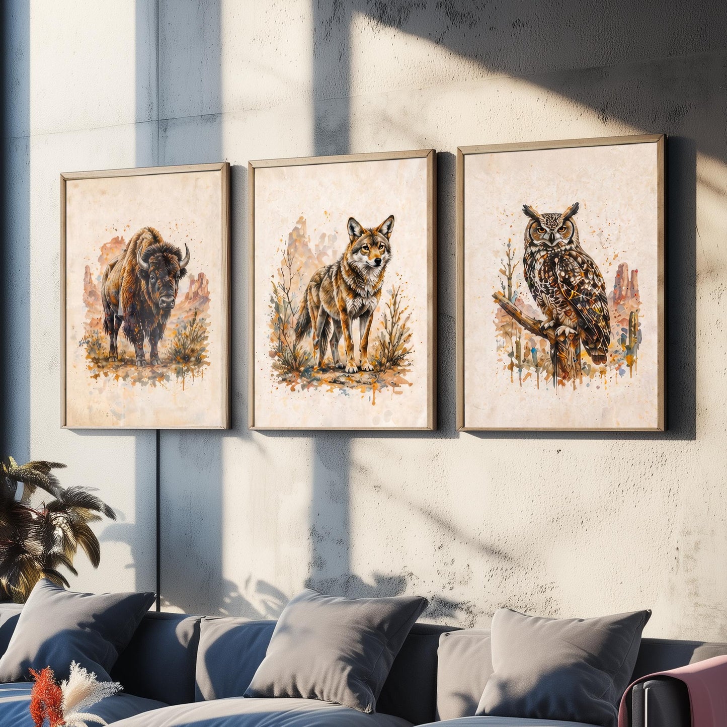 Western Wildlife Set of Three Watercolour Art Prints V2 - Bison Wolf and Great Horned Owl - Desert Animal Posters Wall Decor