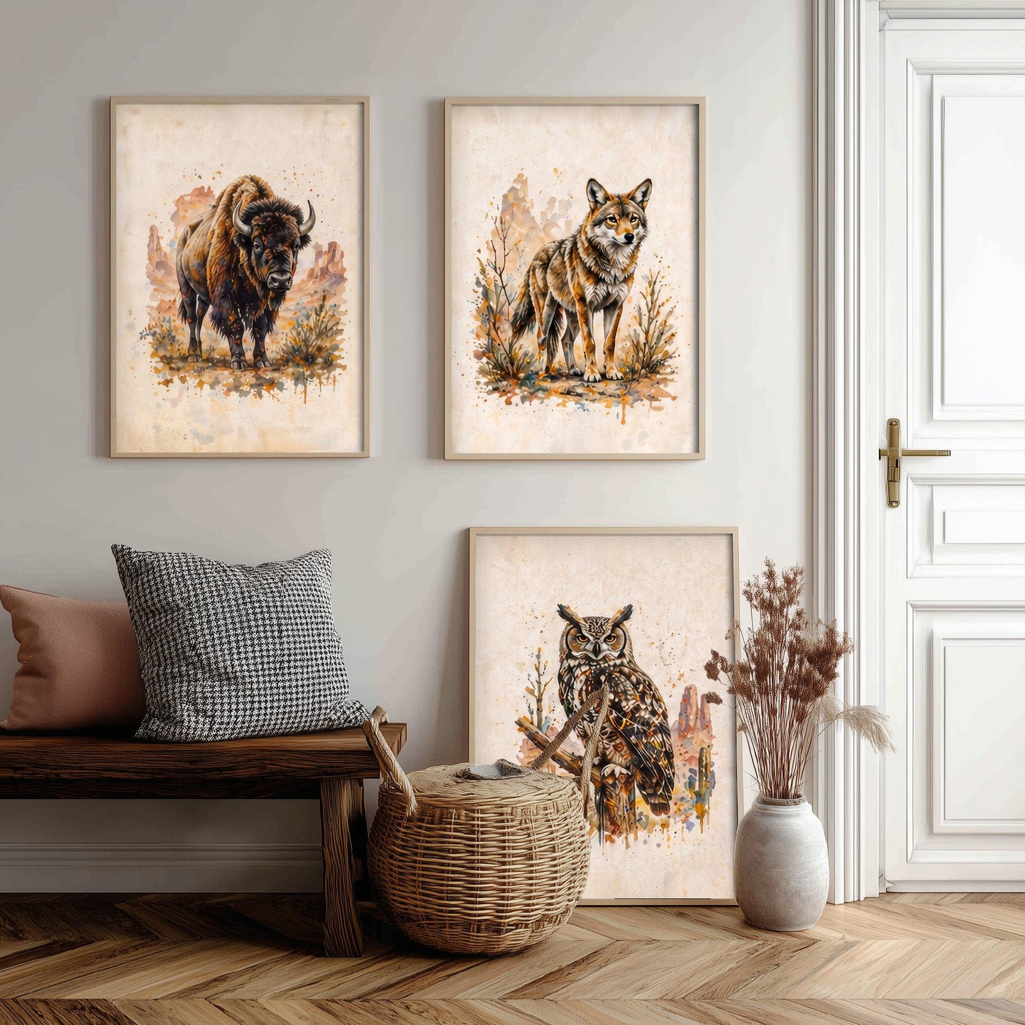 Western Wildlife Set of Three Watercolour Art Prints V2 - Bison Wolf and Great Horned Owl - Desert Animal Posters Wall Decor