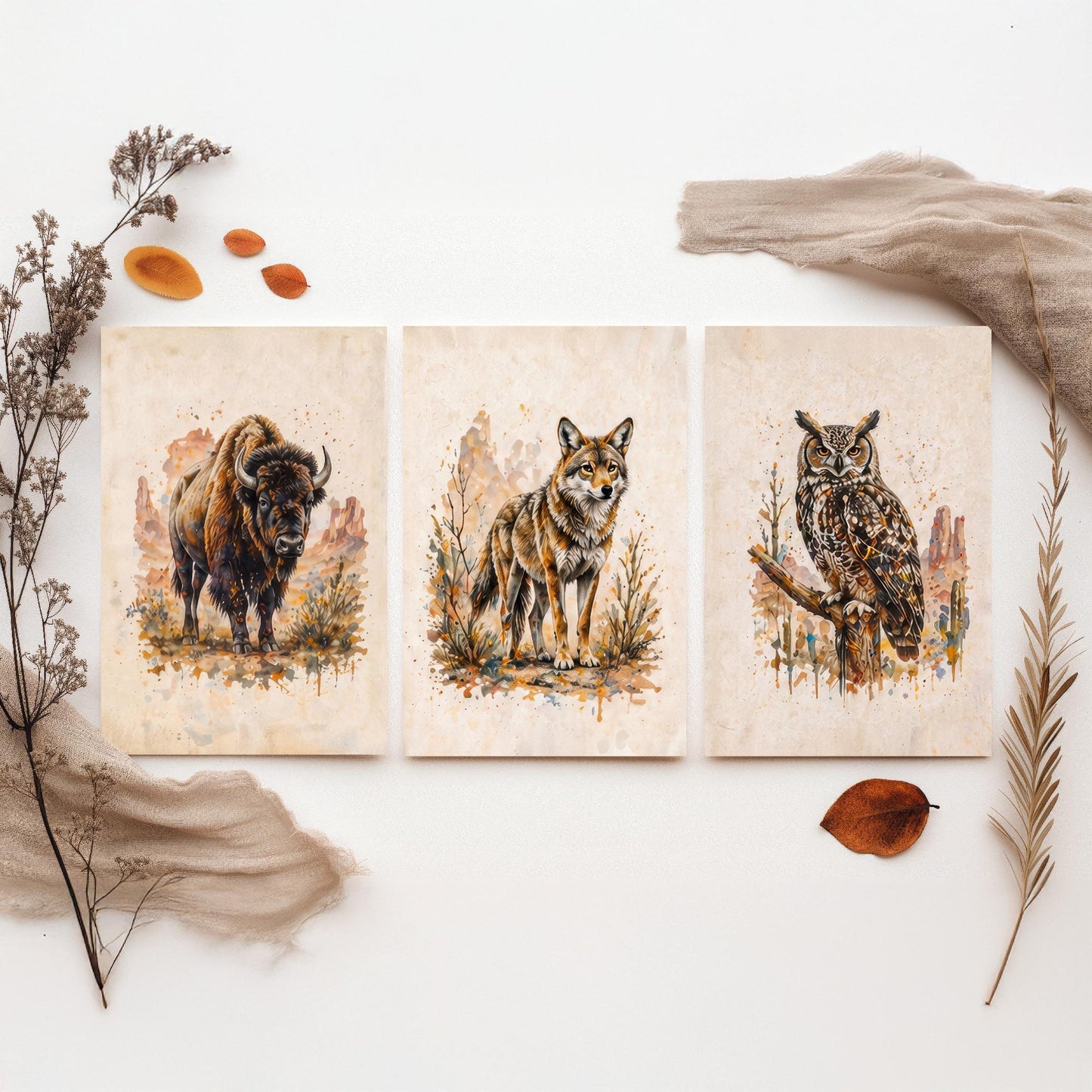 Western Wildlife Set of Three Watercolour Art Prints V2 - Bison Wolf and Great Horned Owl - Desert Animal Posters Wall Decor