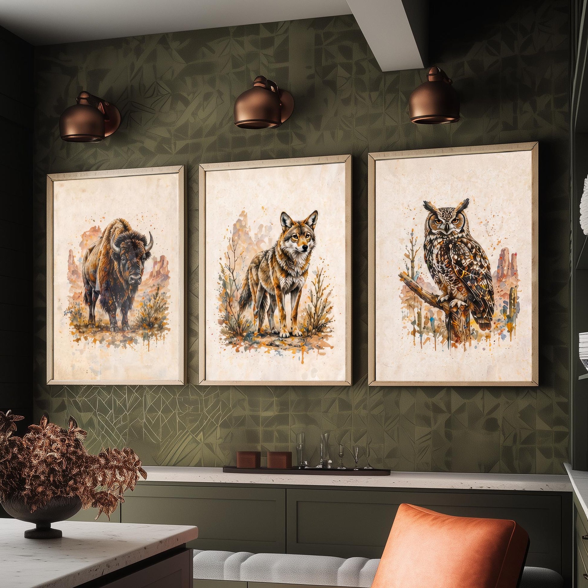 Western Wildlife Set of Three Watercolour Art Prints V2 - Bison Wolf and Great Horned Owl - Desert Animal Posters Wall Decor