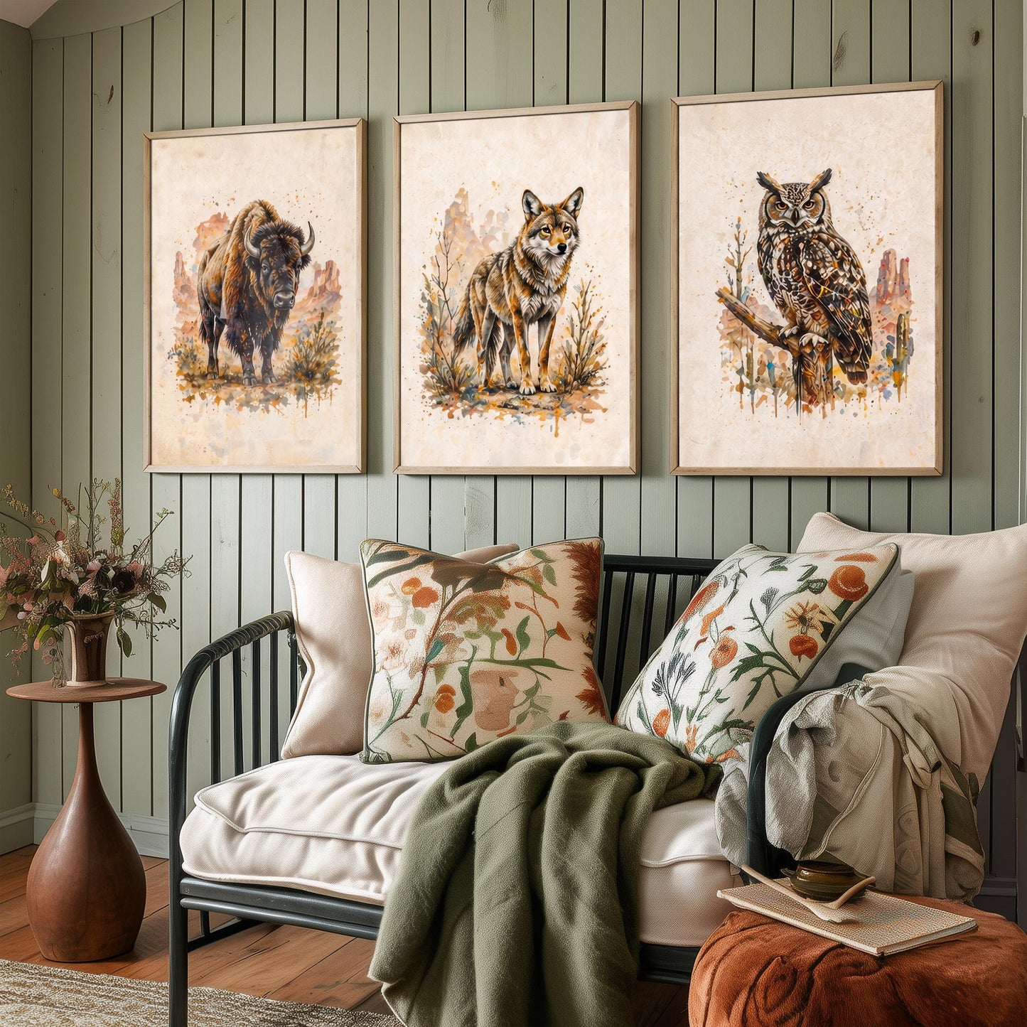 Western Wildlife Set of Three Watercolour Art Prints V2 - Bison Wolf and Great Horned Owl - Desert Animal Posters Wall Decor