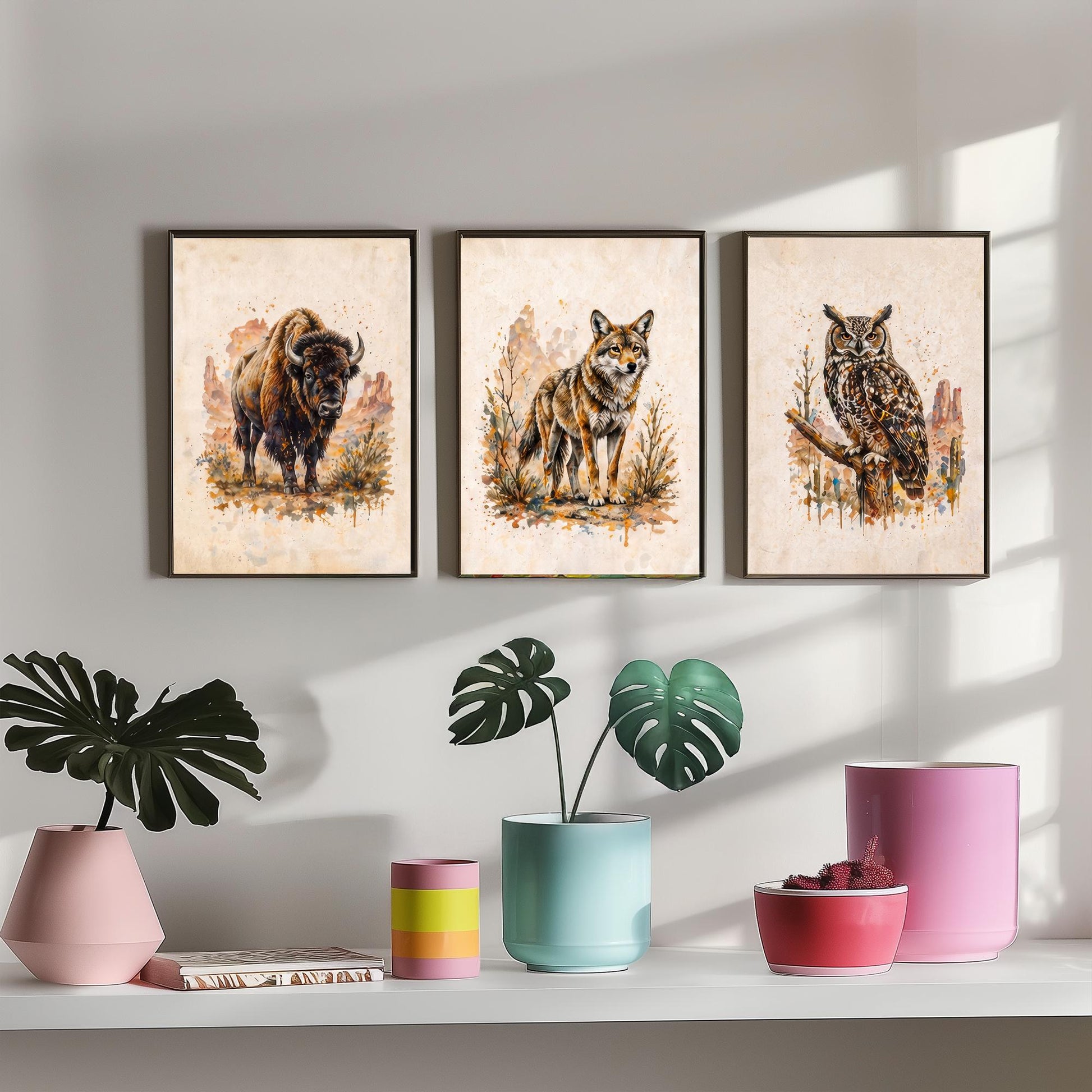 Western Wildlife Set of Three Watercolour Art Prints V2 - Bison Wolf and Great Horned Owl - Desert Animal Posters Wall Decor