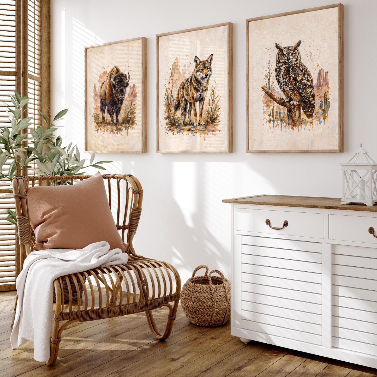 Western Wildlife Set of Three Watercolour Art Prints V2 - Bison Wolf and Great Horned Owl - Desert Animal Posters Wall Decor