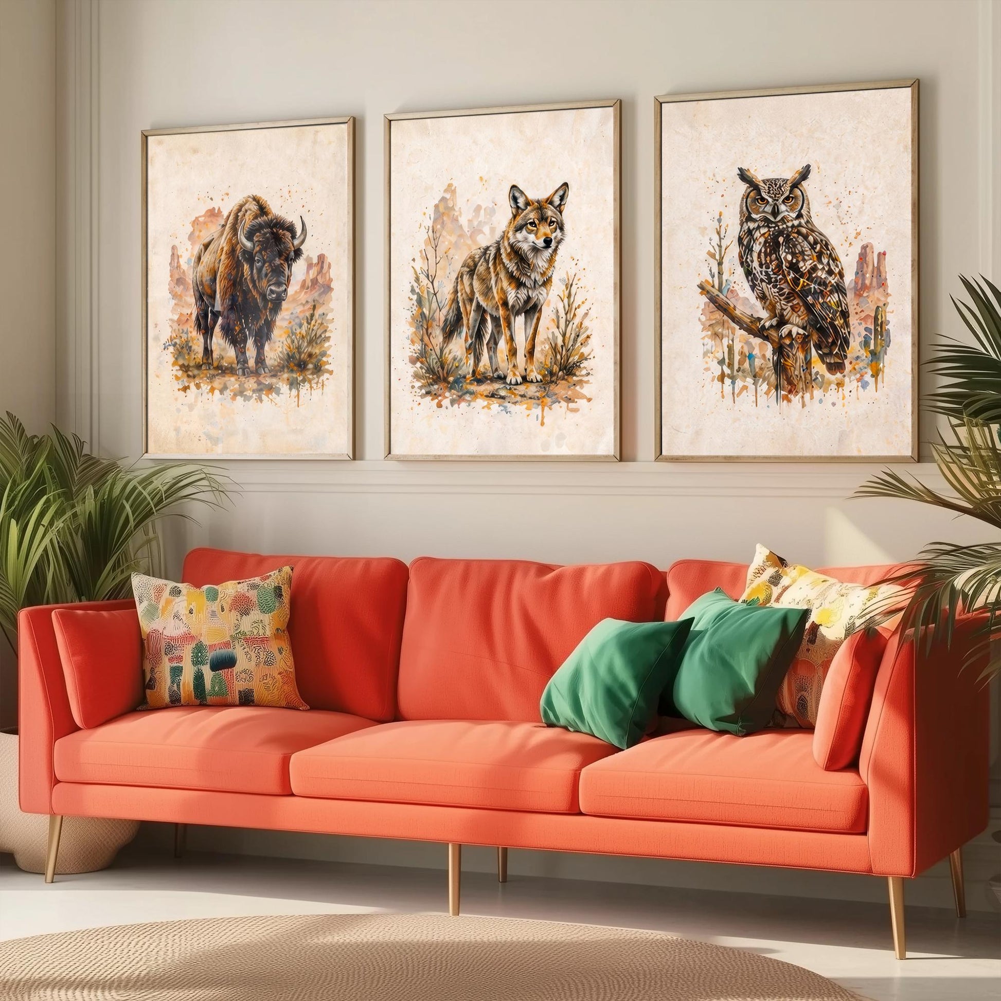 Western Wildlife Set of Three Watercolour Art Prints V2 - Bison Wolf and Great Horned Owl - Desert Animal Posters Wall Decor
