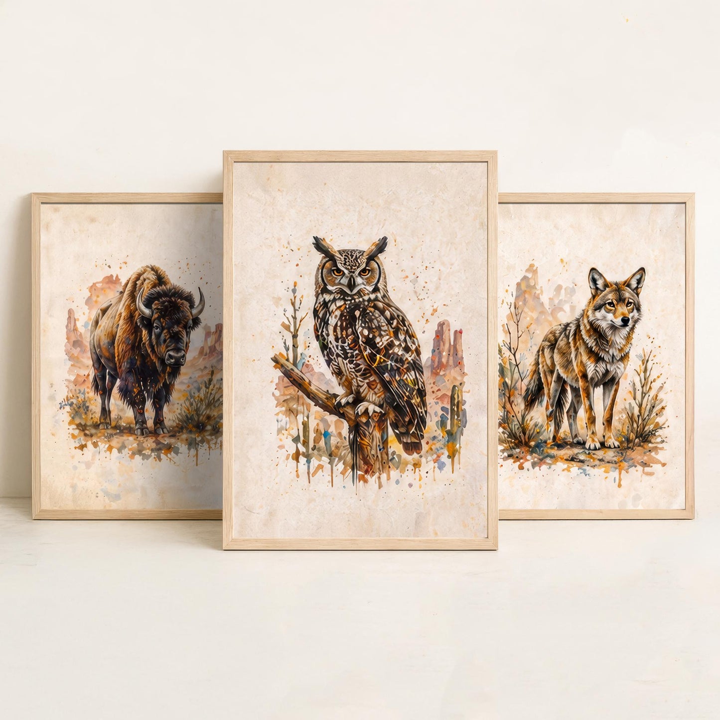 Western Wildlife Set of Three Watercolour Art Prints V2 - Bison Wolf and Great Horned Owl - Desert Animal Posters Wall Decor