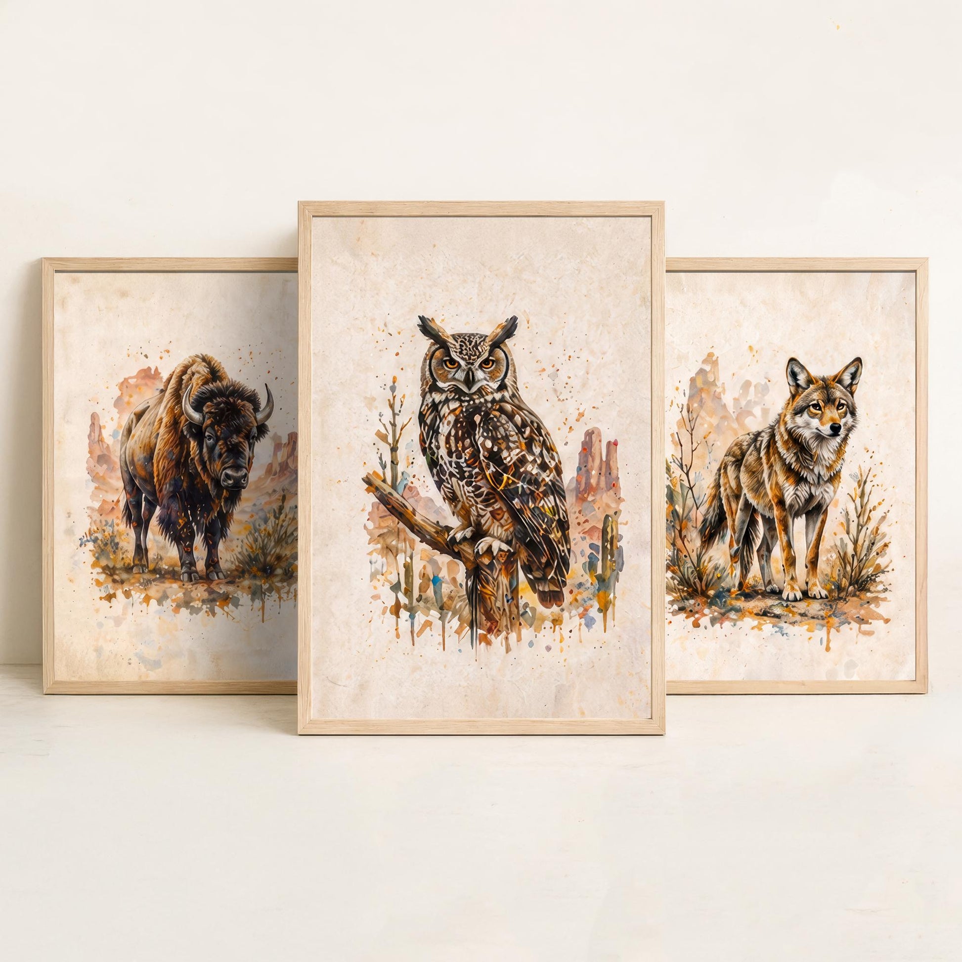 Western Wildlife Set of Three Watercolour Art Prints V2 - Bison Wolf and Great Horned Owl - Desert Animal Posters Wall Decor