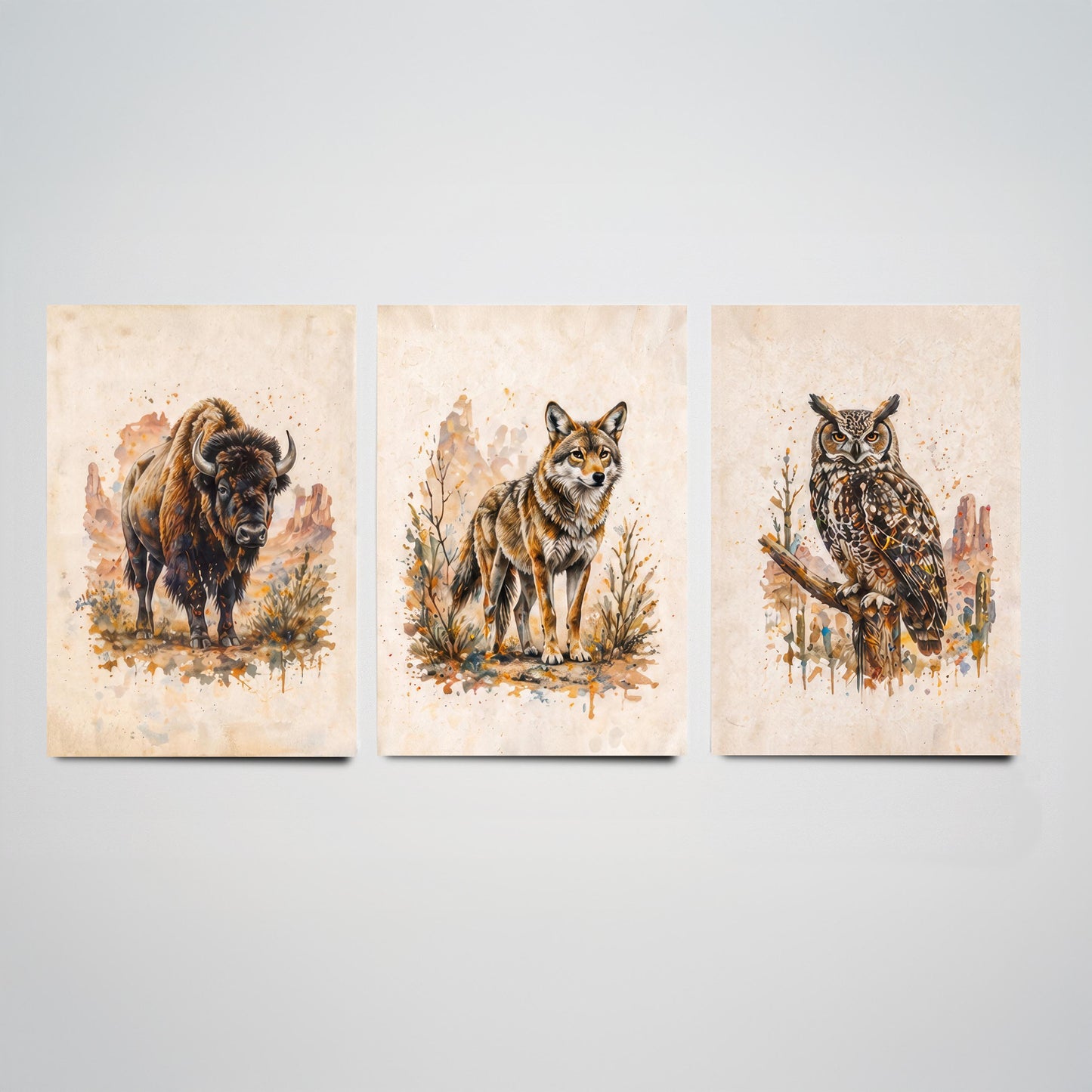 Western Wildlife Set of Three Watercolour Art Prints V2 - Bison Wolf and Great Horned Owl - Desert Animal Posters Wall Decor