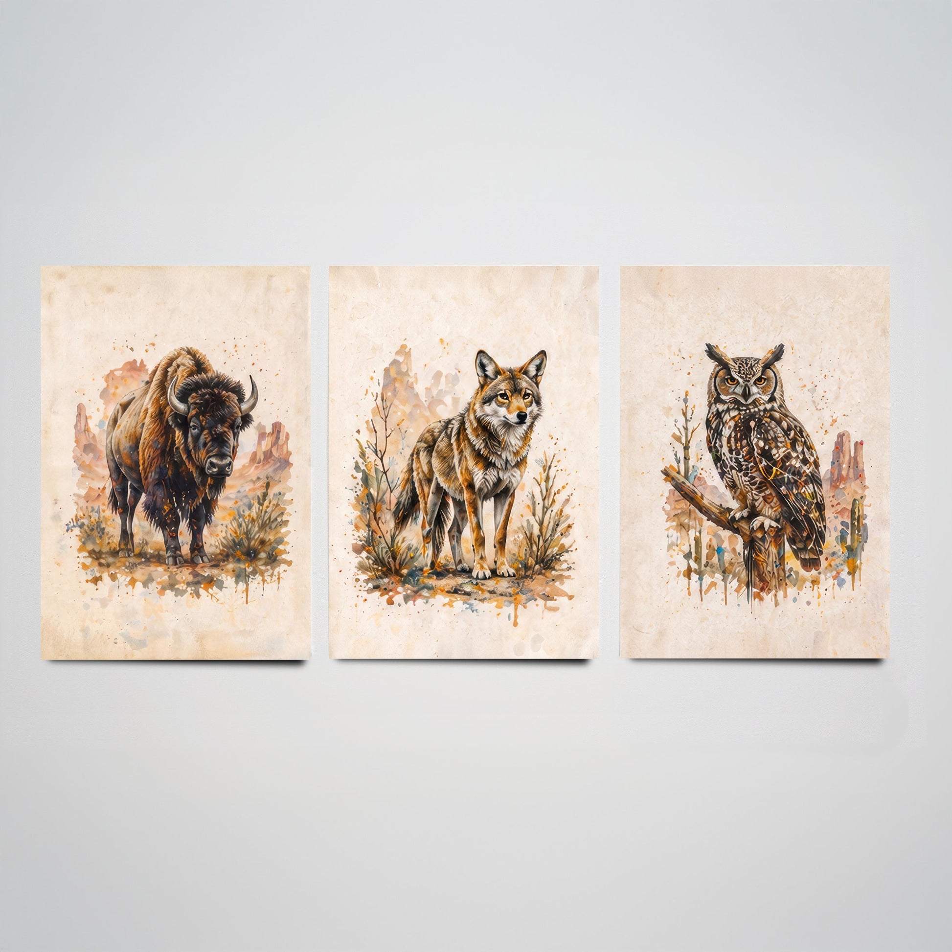 Western Wildlife Set of Three Watercolour Art Prints V2 - Bison Wolf and Great Horned Owl - Desert Animal Posters Wall Decor