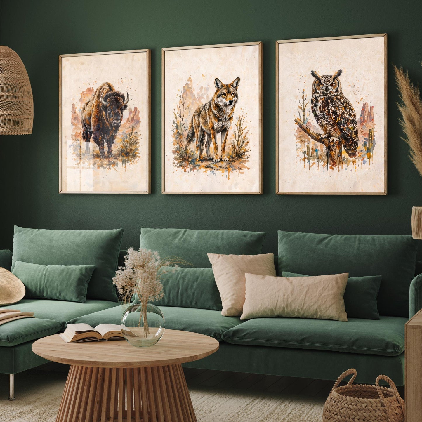 Western Wildlife Set of Three Watercolour Art Prints V2 - Bison Wolf and Great Horned Owl - Desert Animal Posters Wall Decor