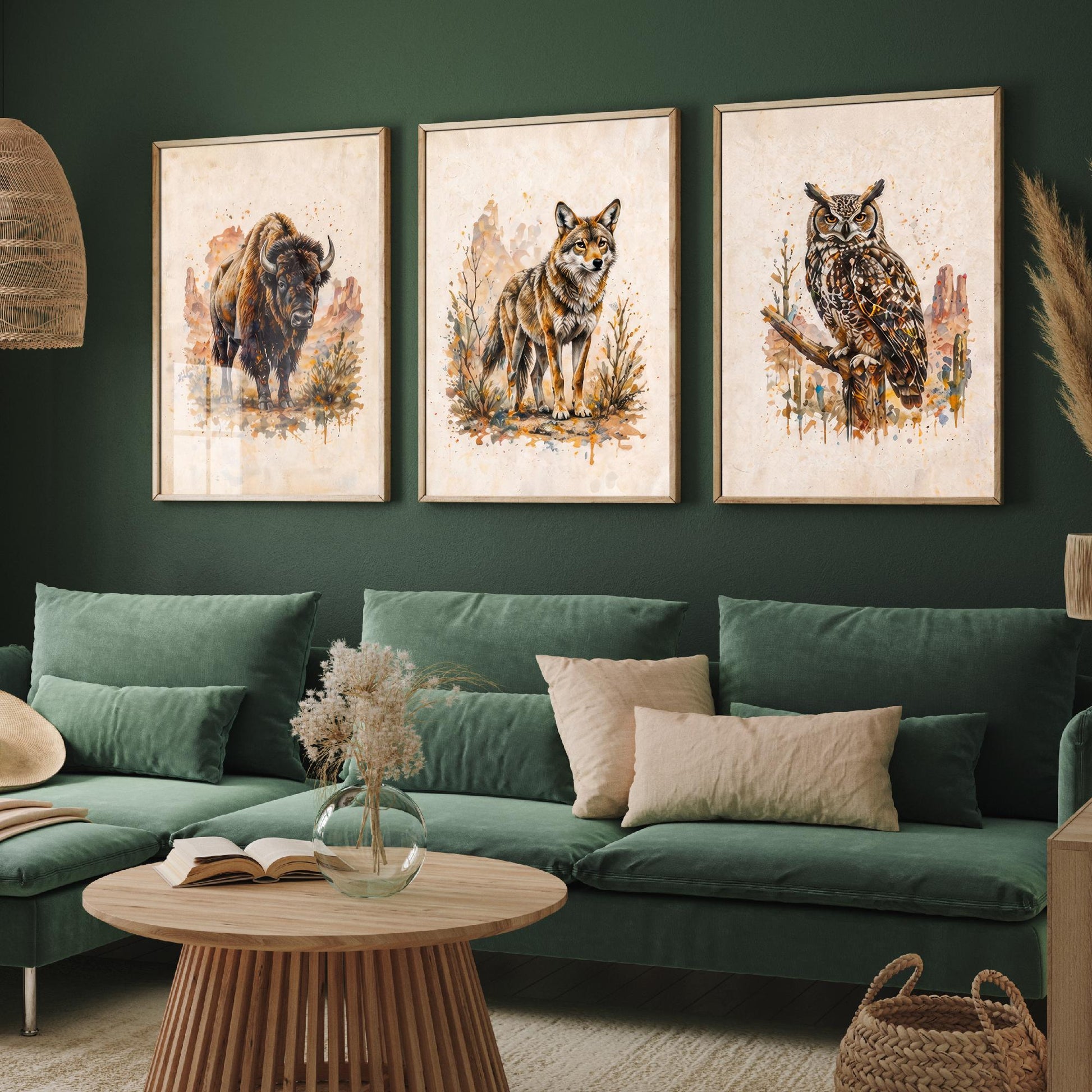 Western Wildlife Set of Three Watercolour Art Prints V2 - Bison Wolf and Great Horned Owl - Desert Animal Posters Wall Decor