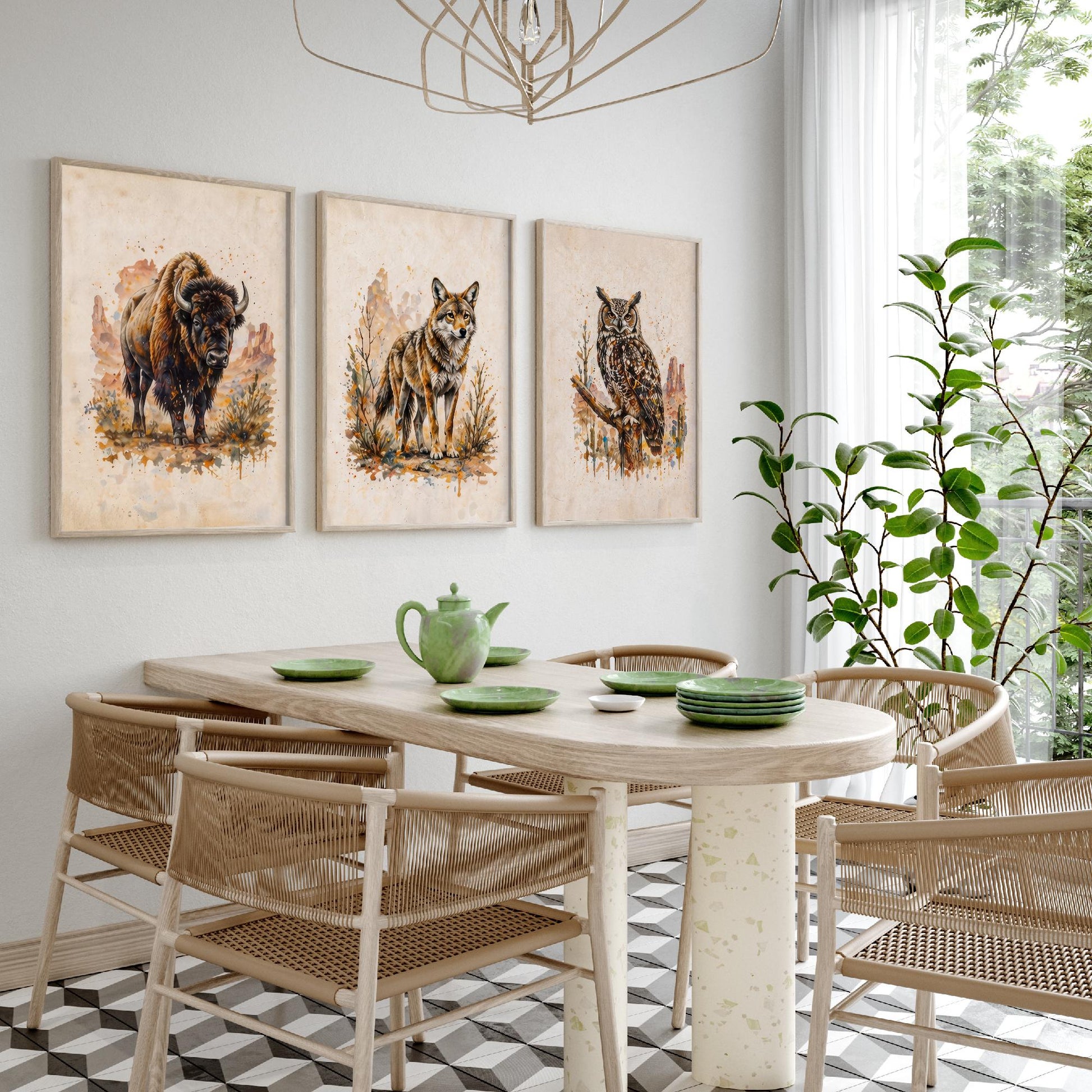 Western Wildlife Set of Three Watercolour Art Prints V2 - Bison Wolf and Great Horned Owl - Desert Animal Posters Wall Decor
