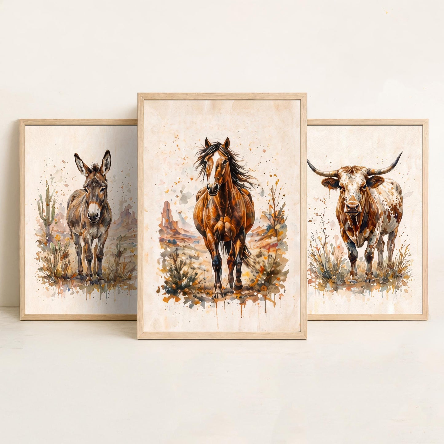 Western Wildlife Set of Three Watercolour Art Prints V1 - Donkey Longhorn Cow and Mustang Horse - Desert Ranch Animal Posters