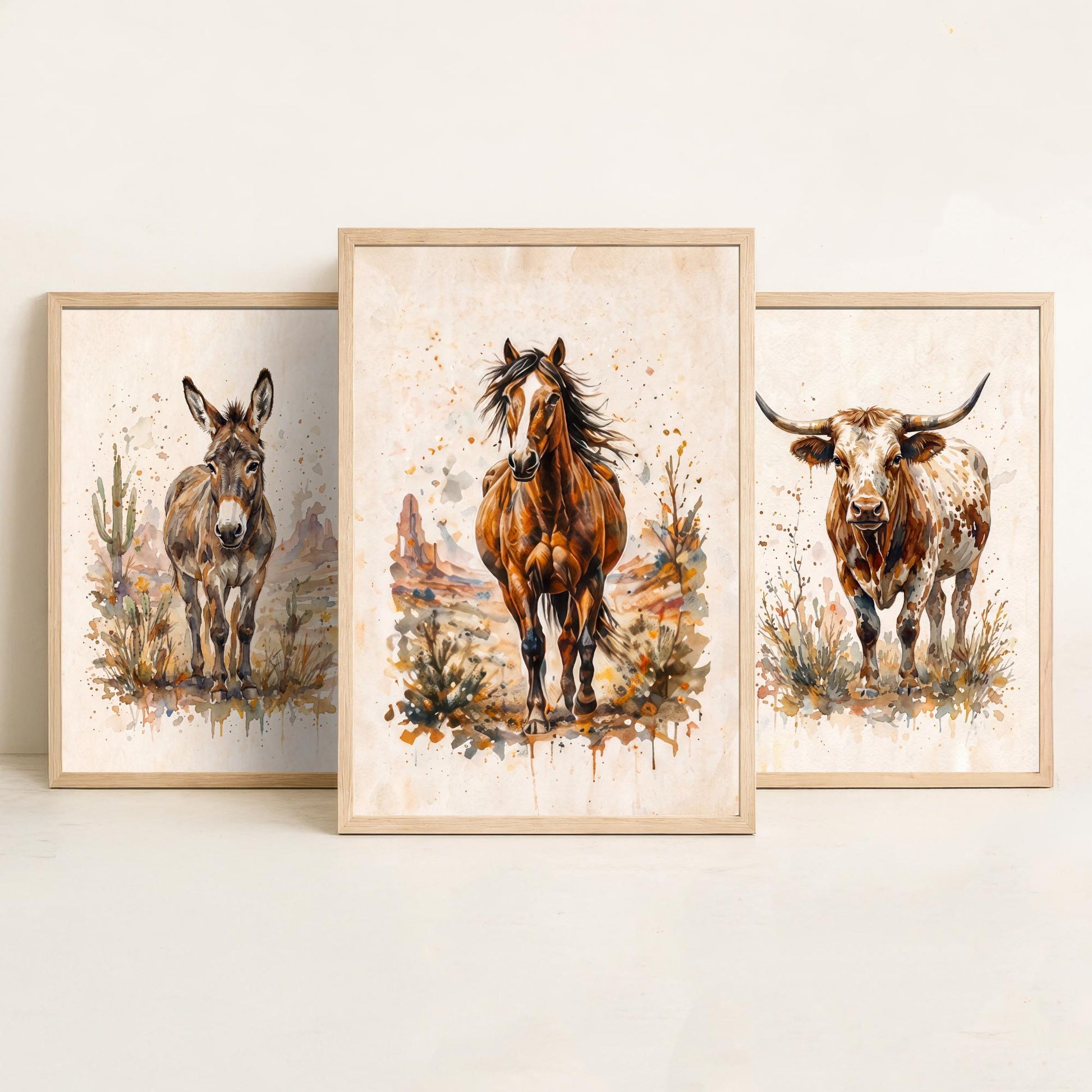 Western Wildlife Set of Three Watercolour Art Prints V1 - Donkey Longhorn Cow and Mustang Horse - Desert Ranch Animal Posters