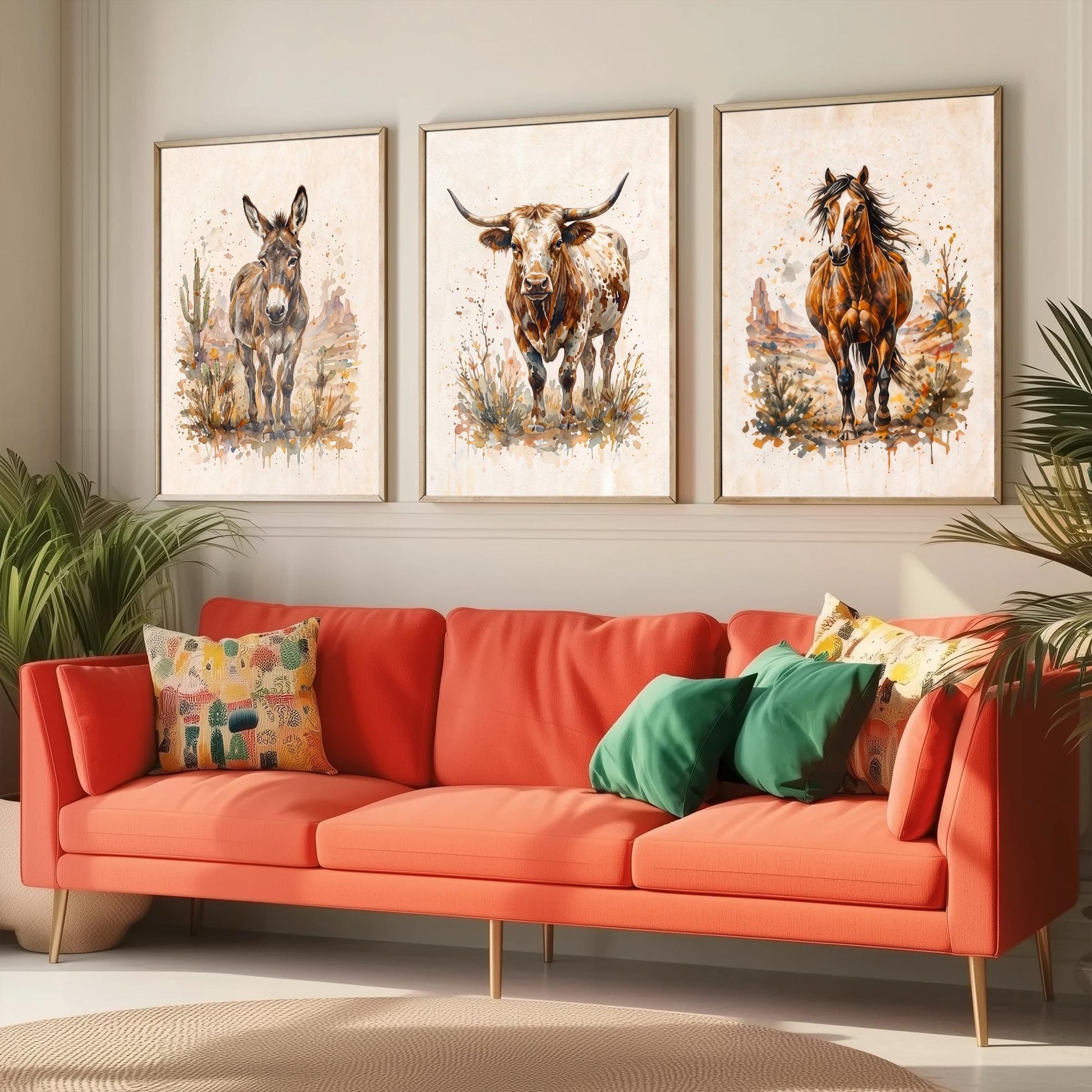 Western Wildlife Set of Three Watercolour Art Prints V1 - Donkey Longhorn Cow and Mustang Horse - Desert Ranch Animal Posters