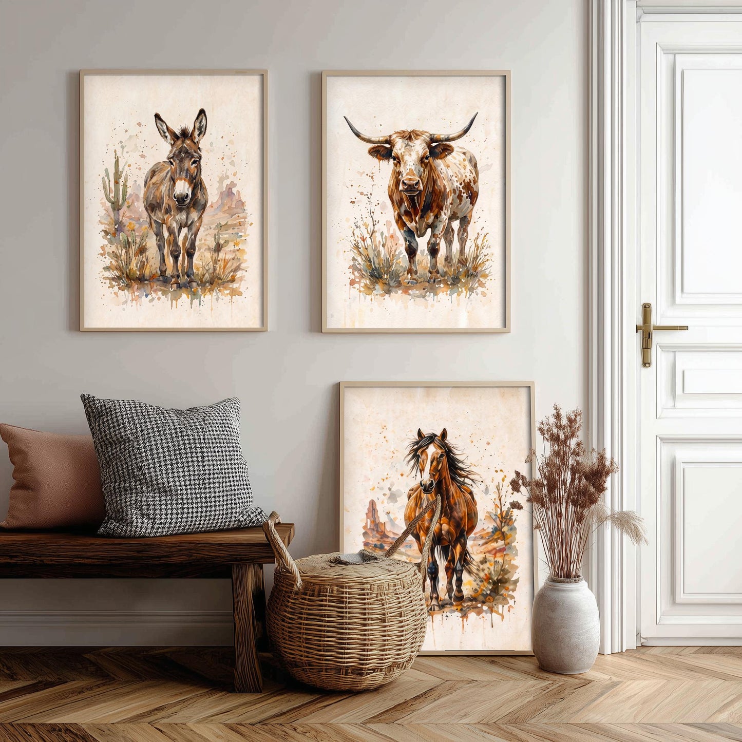 Western Wildlife Set of Three Watercolour Art Prints V1 - Donkey Longhorn Cow and Mustang Horse - Desert Ranch Animal Posters