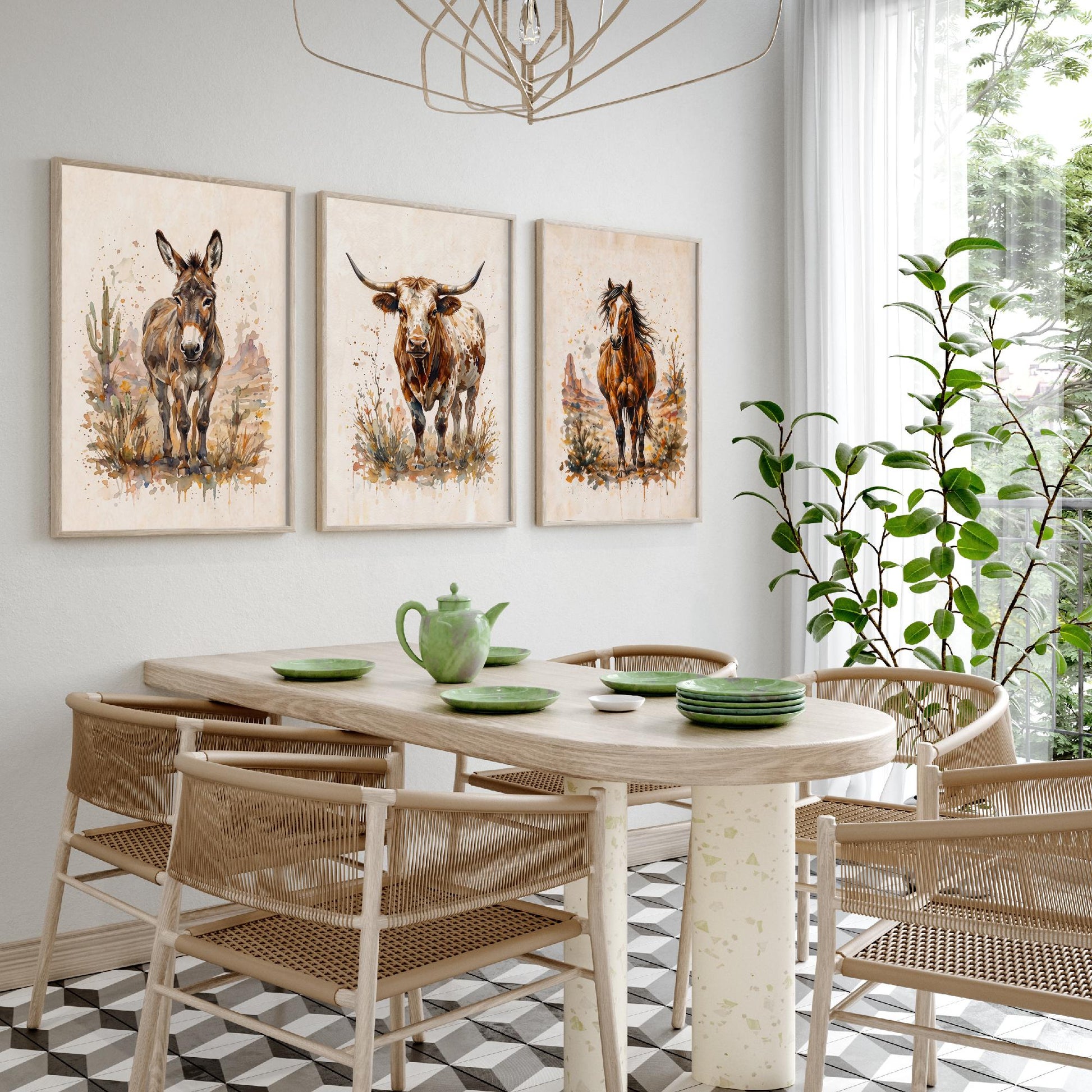 Western Wildlife Set of Three Watercolour Art Prints V1 - Donkey Longhorn Cow and Mustang Horse - Desert Ranch Animal Posters