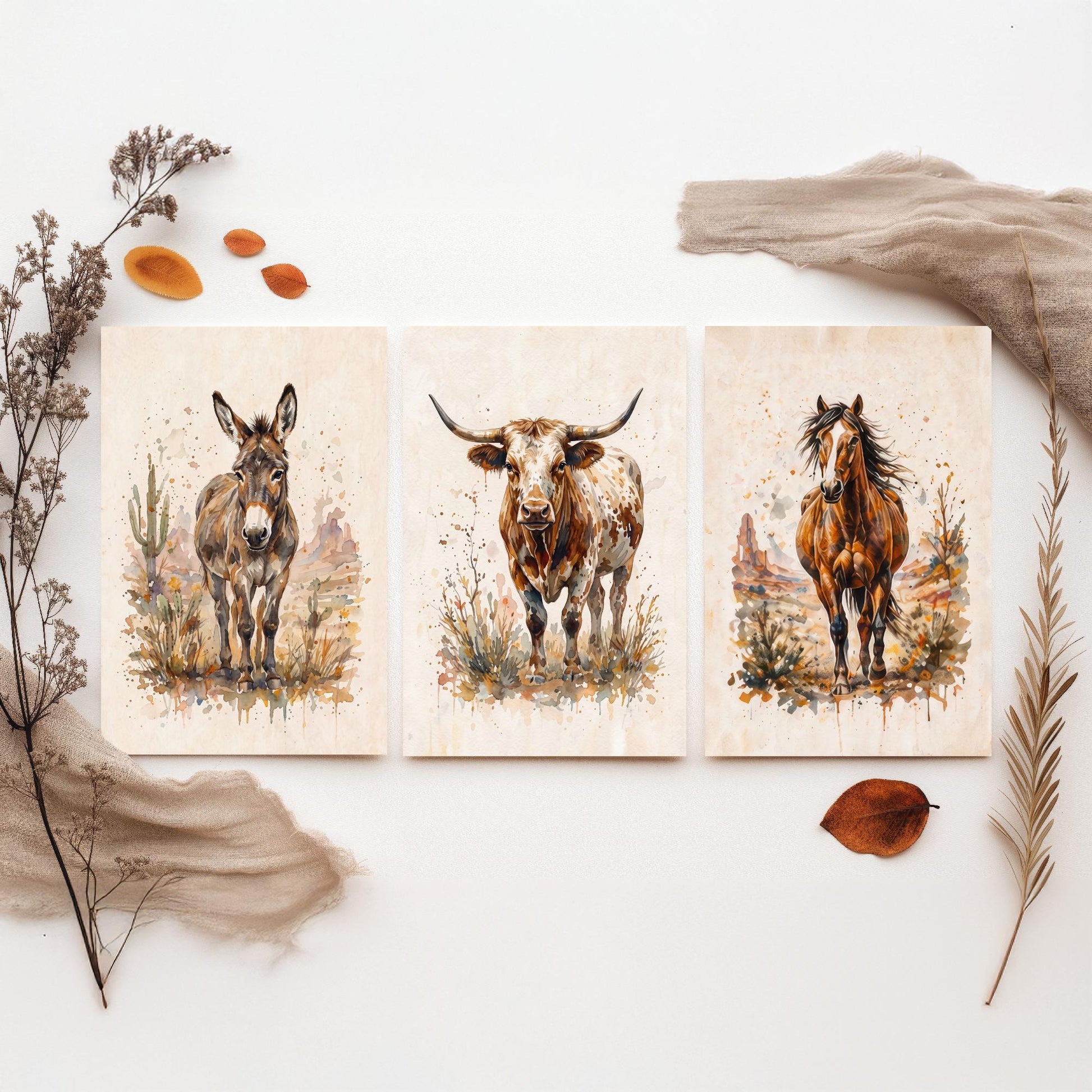 Western Wildlife Set of Three Watercolour Art Prints V1 - Donkey Longhorn Cow and Mustang Horse - Desert Ranch Animal Posters