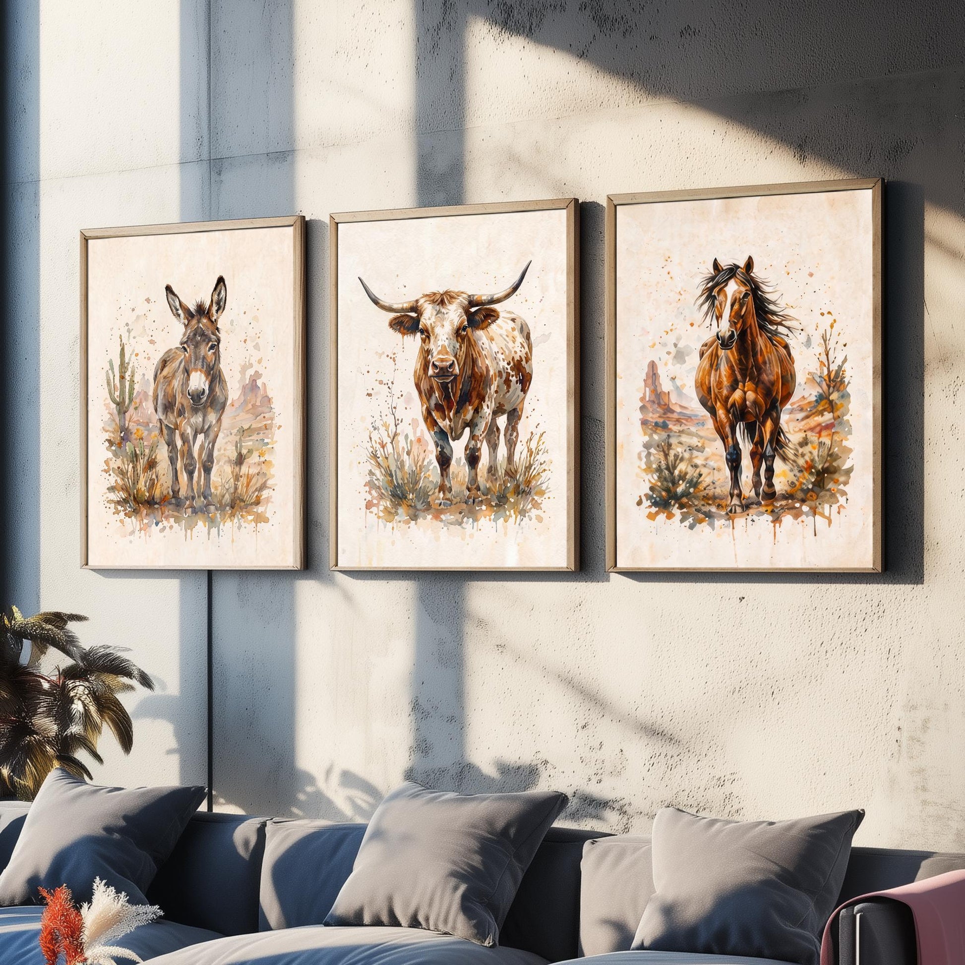 Western Wildlife Set of Three Watercolour Art Prints V1 - Donkey Longhorn Cow and Mustang Horse - Desert Ranch Animal Posters