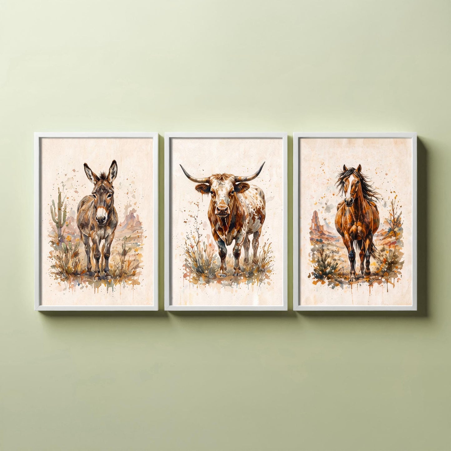 Western Wildlife Set of Three Watercolour Art Prints V1 - Donkey Longhorn Cow and Mustang Horse - Desert Ranch Animal Posters