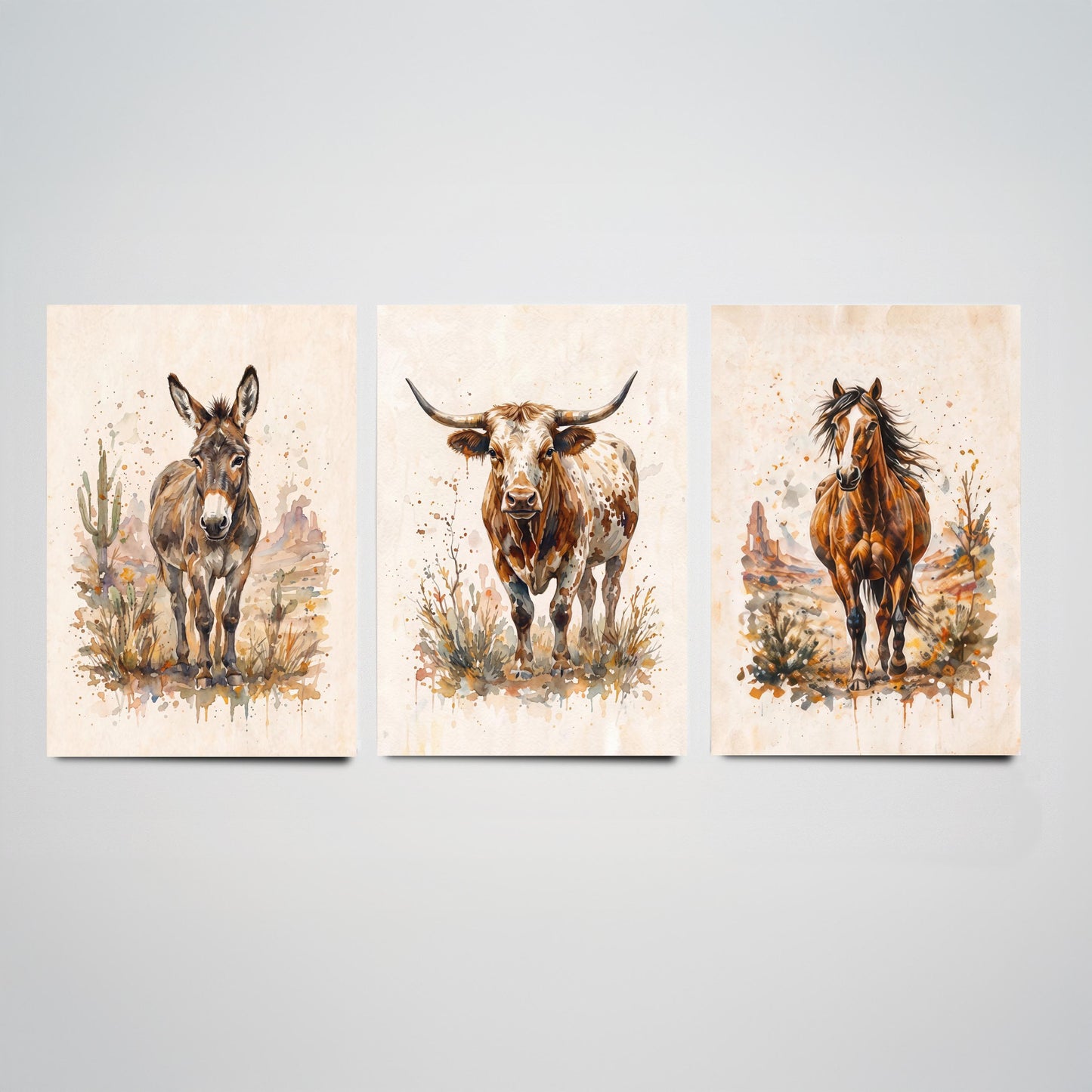 Western Wildlife Set of Three Watercolour Art Prints V1 - Donkey Longhorn Cow and Mustang Horse - Desert Ranch Animal Posters