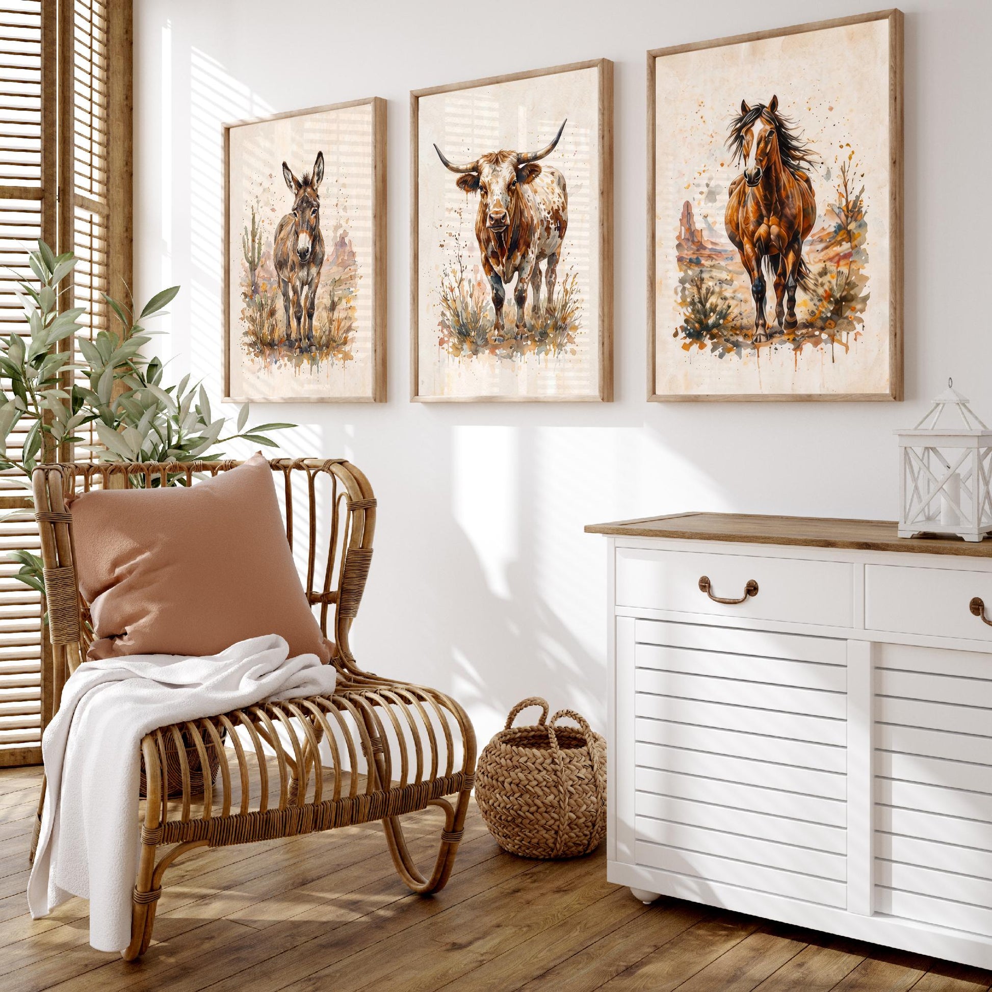 Western Wildlife Set of Three Watercolour Art Prints V1 - Donkey Longhorn Cow and Mustang Horse - Desert Ranch Animal Posters