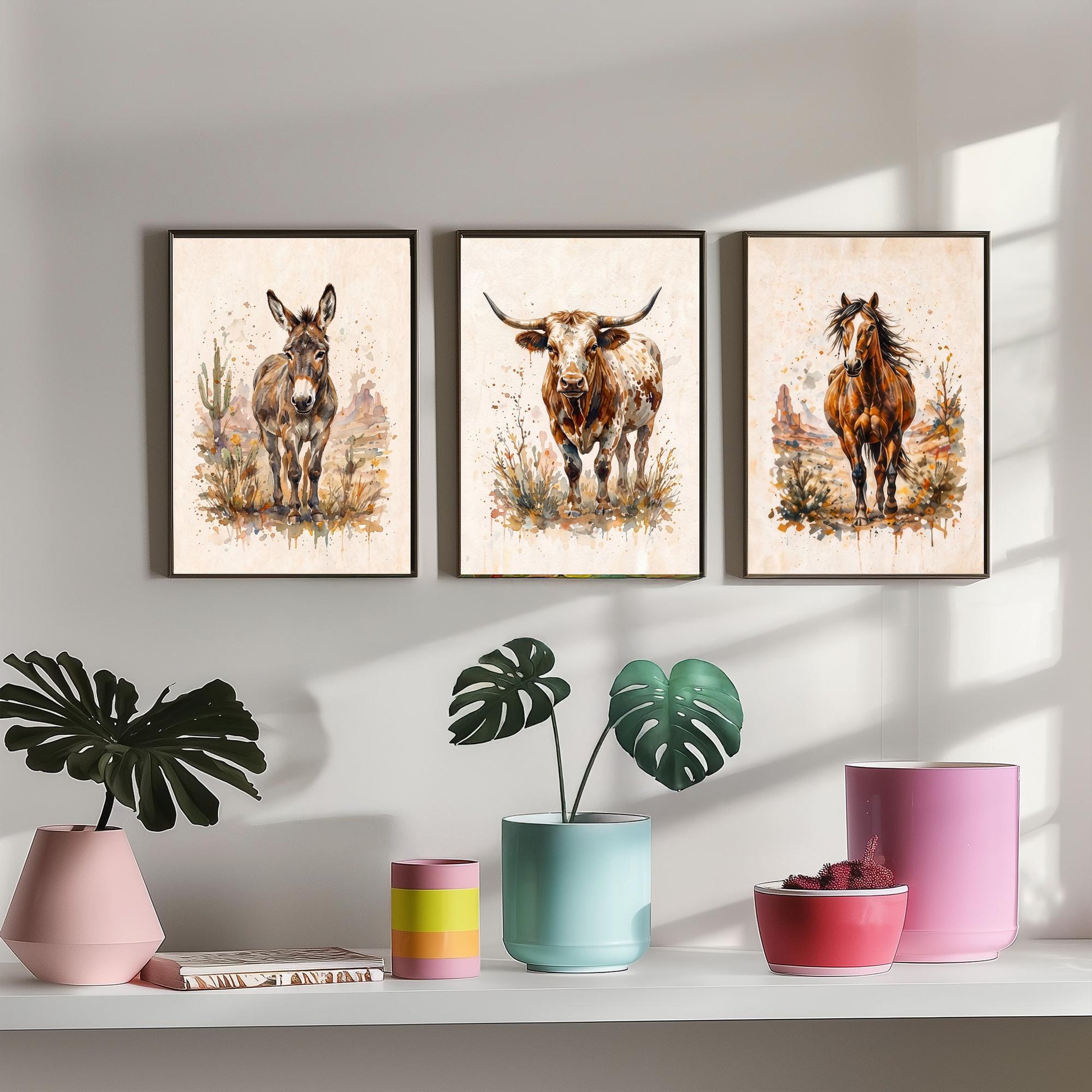 Western Wildlife Set of Three Watercolour Art Prints V1 - Donkey Longhorn Cow and Mustang Horse - Desert Ranch Animal Posters