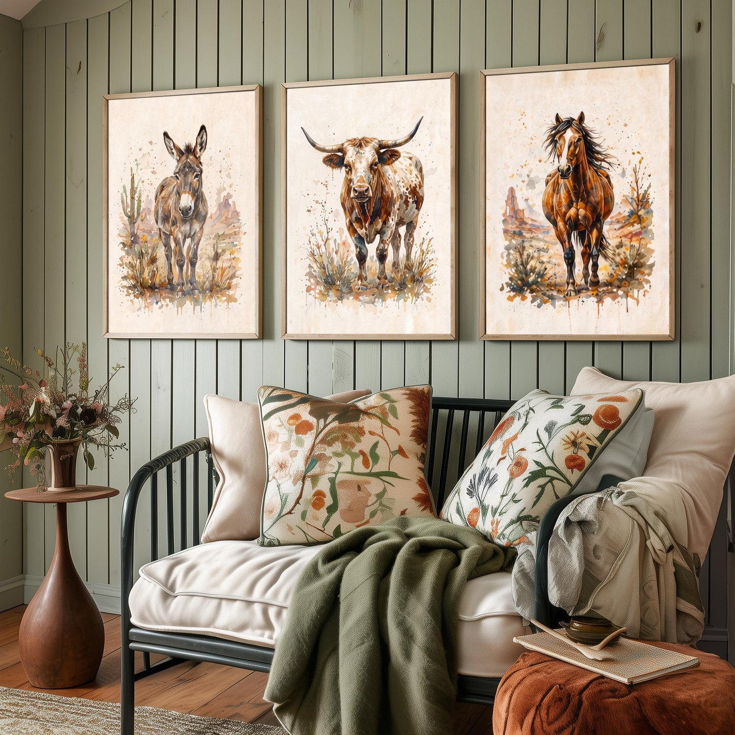 Western Wildlife Set of Three Watercolour Art Prints V1 - Donkey Longhorn Cow and Mustang Horse - Desert Ranch Animal Posters