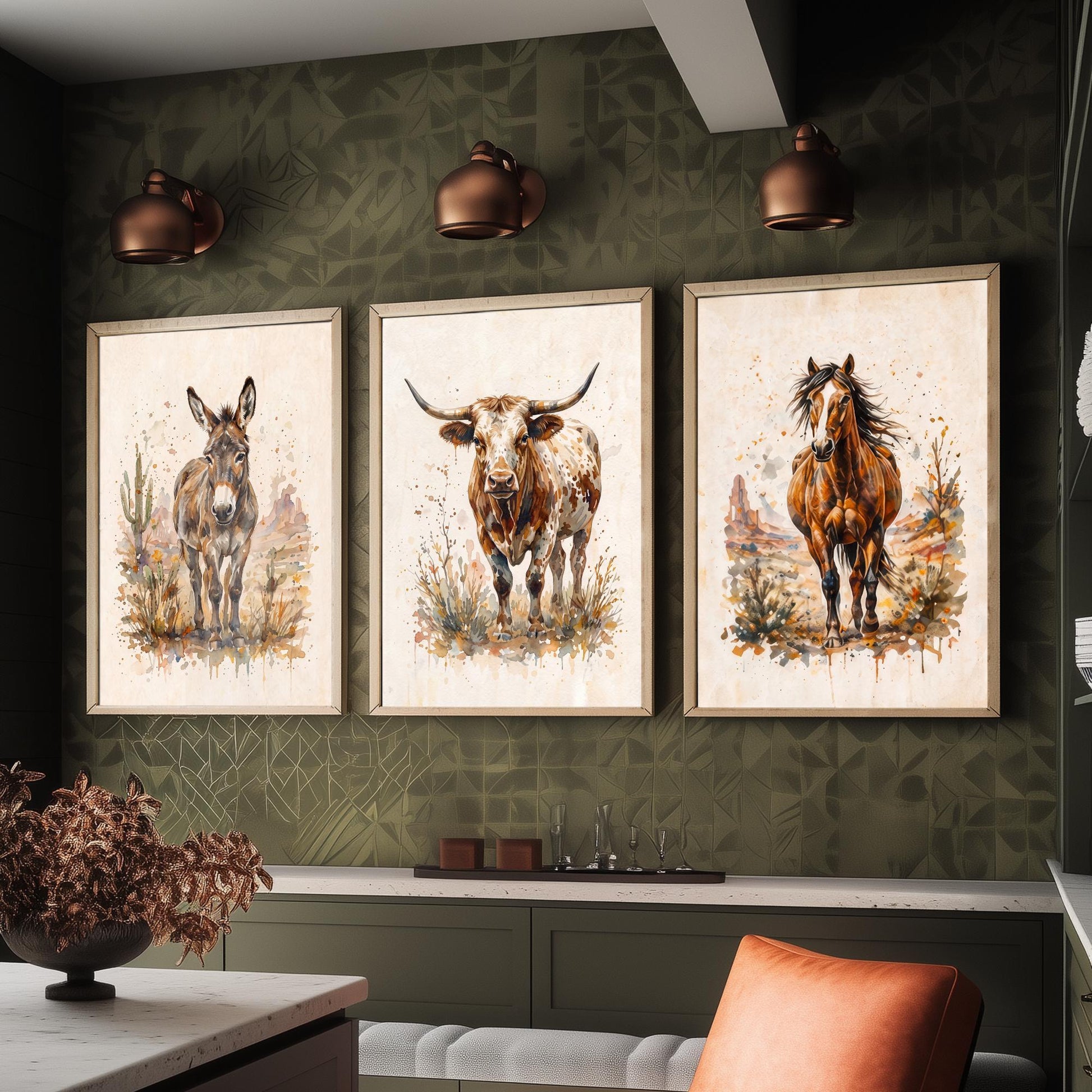 Western Wildlife Set of Three Watercolour Art Prints V1 - Donkey Longhorn Cow and Mustang Horse - Desert Ranch Animal Posters