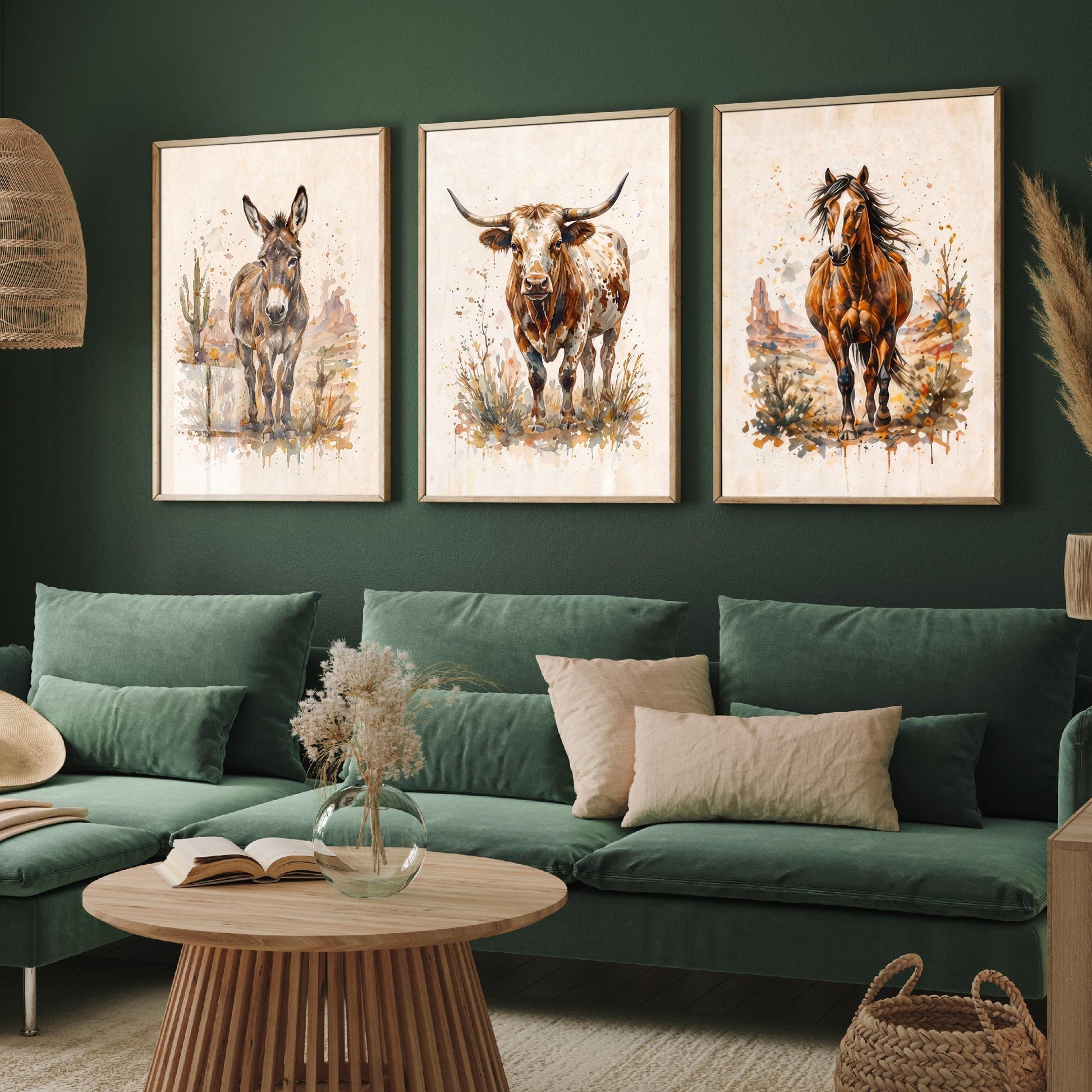 Western Wildlife Set of Three Watercolour Art Prints V1 - Donkey Longhorn Cow and Mustang Horse - Desert Ranch Animal Posters