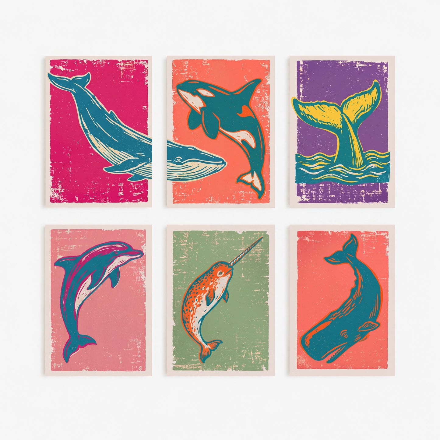 Set of Six Whales and Dolphins Art Prints - 6 Linocut Ocean Illustrations - Blue Whale, Orca, Humpback, Narwhal, Sperm Whale Posters