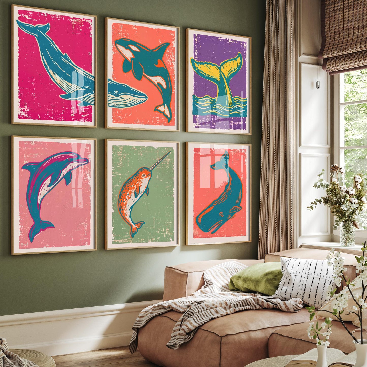 Set of Six Whales and Dolphins Art Prints - 6 Linocut Ocean Illustrations - Blue Whale, Orca, Humpback, Narwhal, Sperm Whale Posters