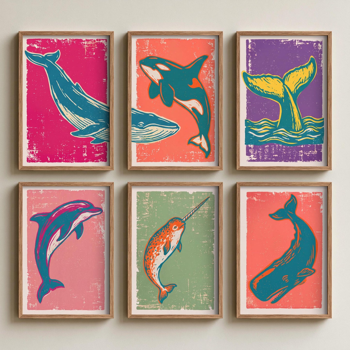 Set of Six Whales and Dolphins Art Prints - 6 Linocut Ocean Illustrations - Blue Whale, Orca, Humpback, Narwhal, Sperm Whale Posters