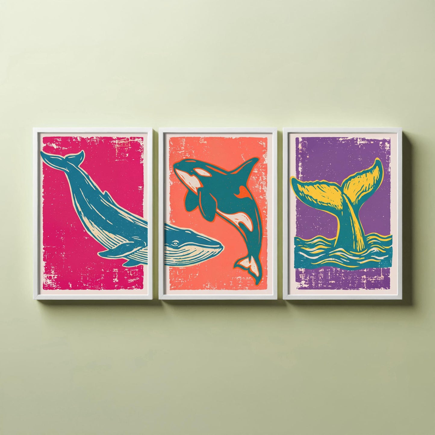Blue Whale, Orca & Humpback Set of Three Art Prints - Linocut Whale Illustrations - Ocean Triptych Posters V1