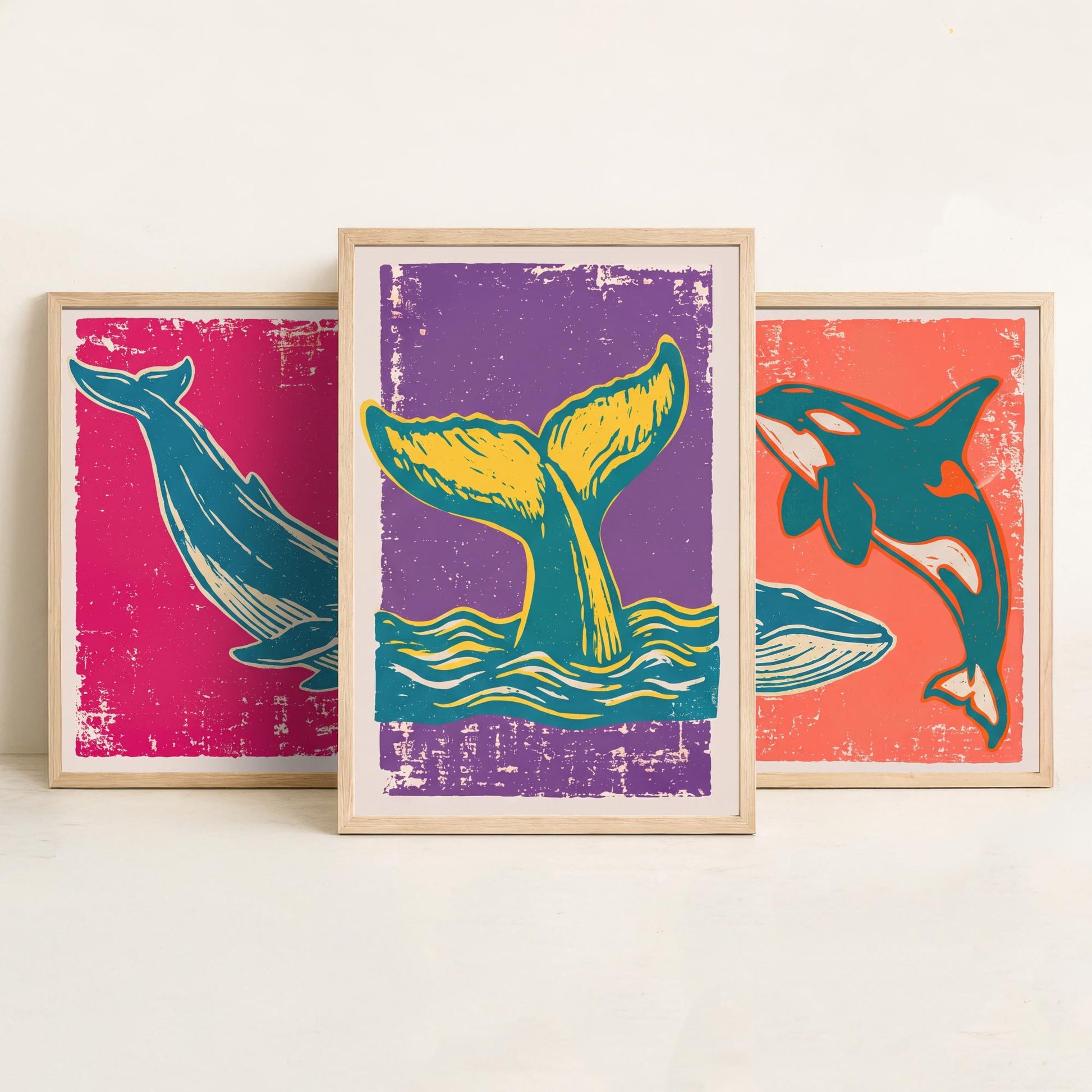 Blue Whale, Orca & Humpback Set of Three Art Prints - Linocut Whale Illustrations - Ocean Triptych Posters V1