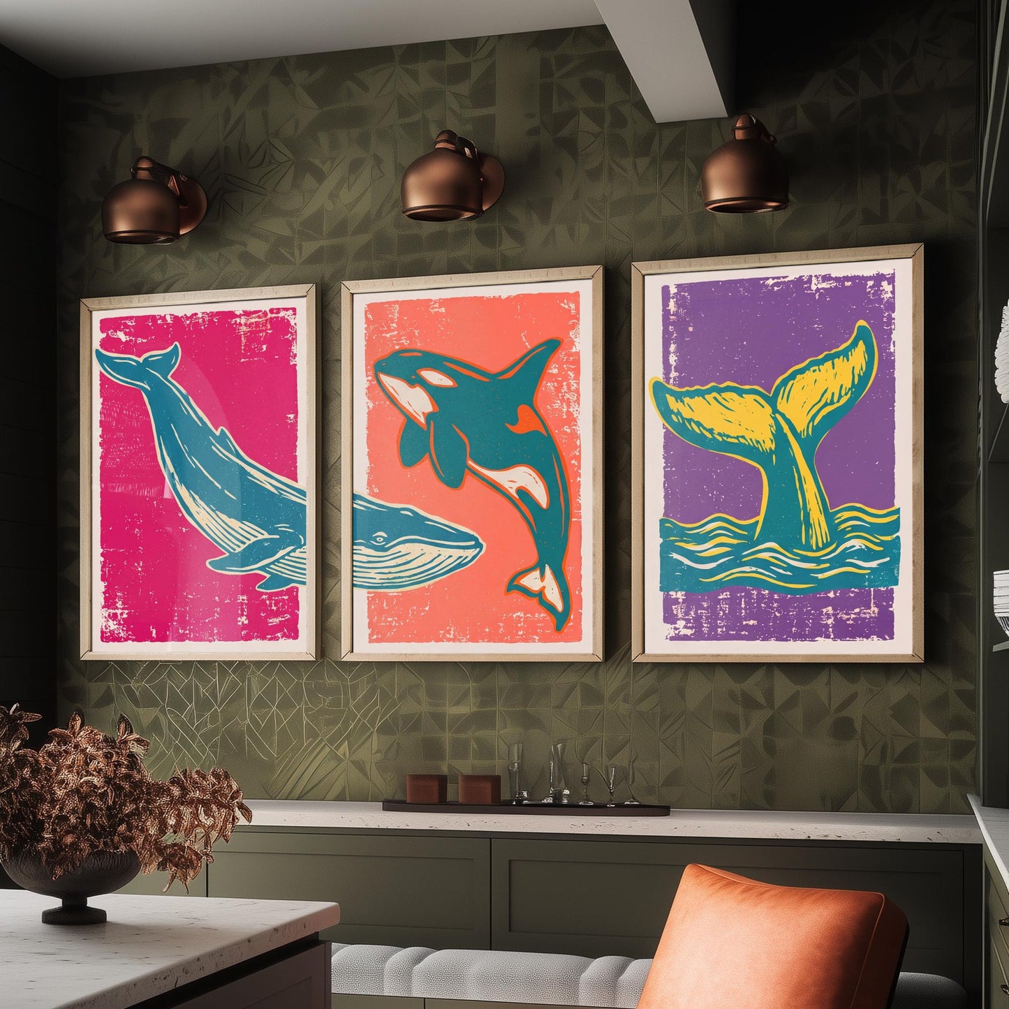 Blue Whale, Orca & Humpback Set of Three Art Prints - Linocut Whale Illustrations - Ocean Triptych Posters V1
