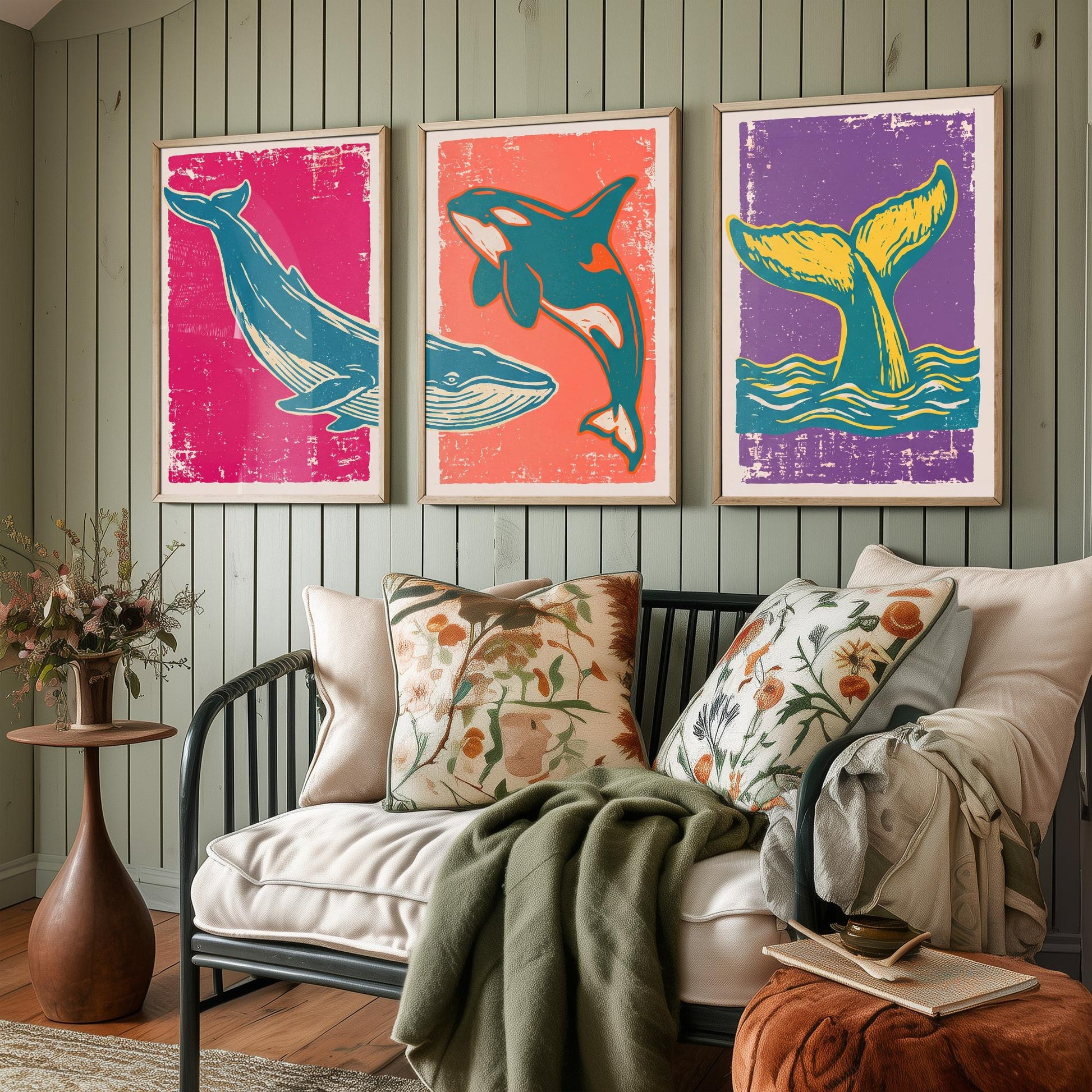 Blue Whale, Orca & Humpback Set of Three Art Prints - Linocut Whale Illustrations - Ocean Triptych Posters V1