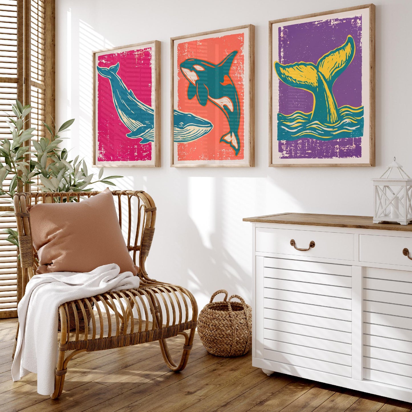Blue Whale, Orca & Humpback Set of Three Art Prints - Linocut Whale Illustrations - Ocean Triptych Posters V1