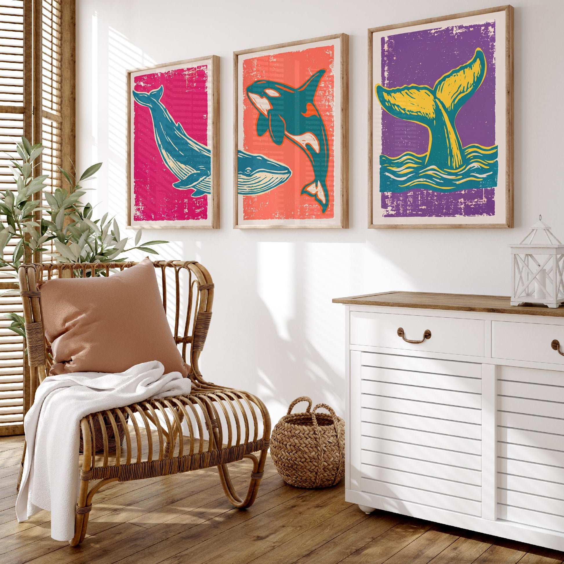 Blue Whale, Orca & Humpback Set of Three Art Prints - Linocut Whale Illustrations - Ocean Triptych Posters V1