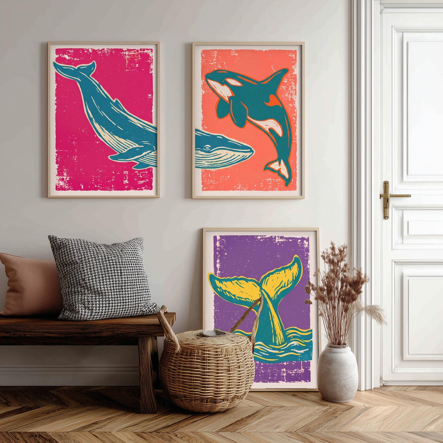 Blue Whale, Orca & Humpback Set of Three Art Prints - Linocut Whale Illustrations - Ocean Triptych Posters V1