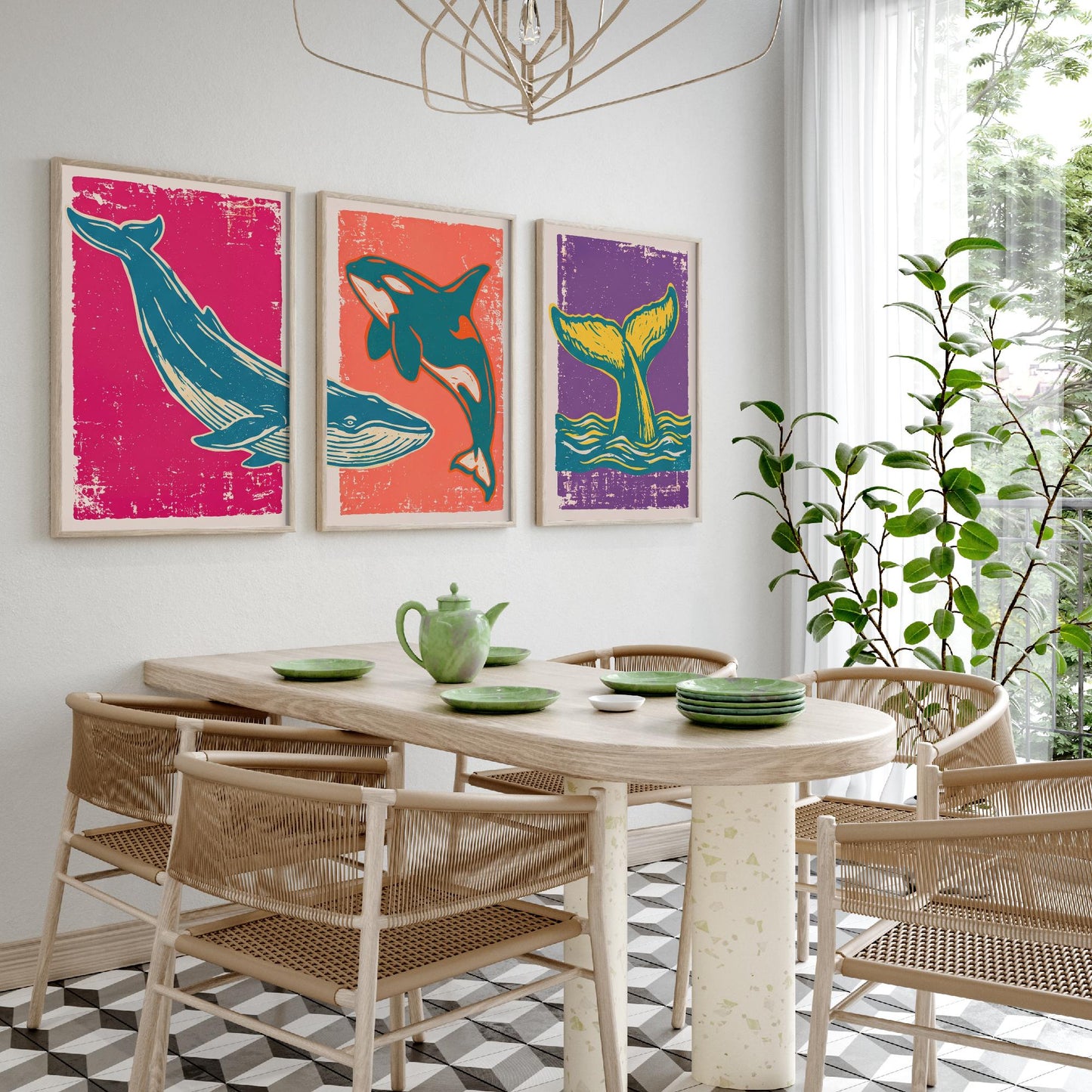 Blue Whale, Orca & Humpback Set of Three Art Prints - Linocut Whale Illustrations - Ocean Triptych Posters V1