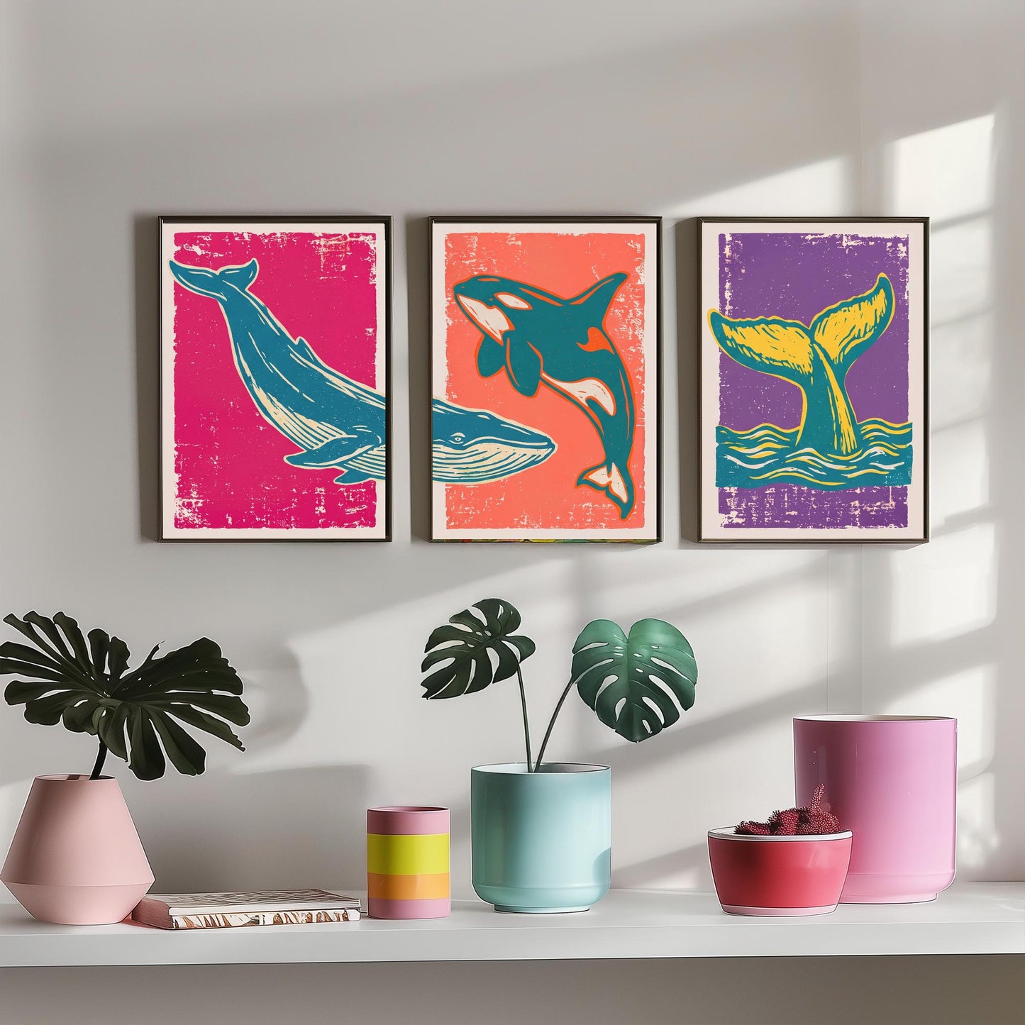 Blue Whale, Orca & Humpback Set of Three Art Prints - Linocut Whale Illustrations - Ocean Triptych Posters V1