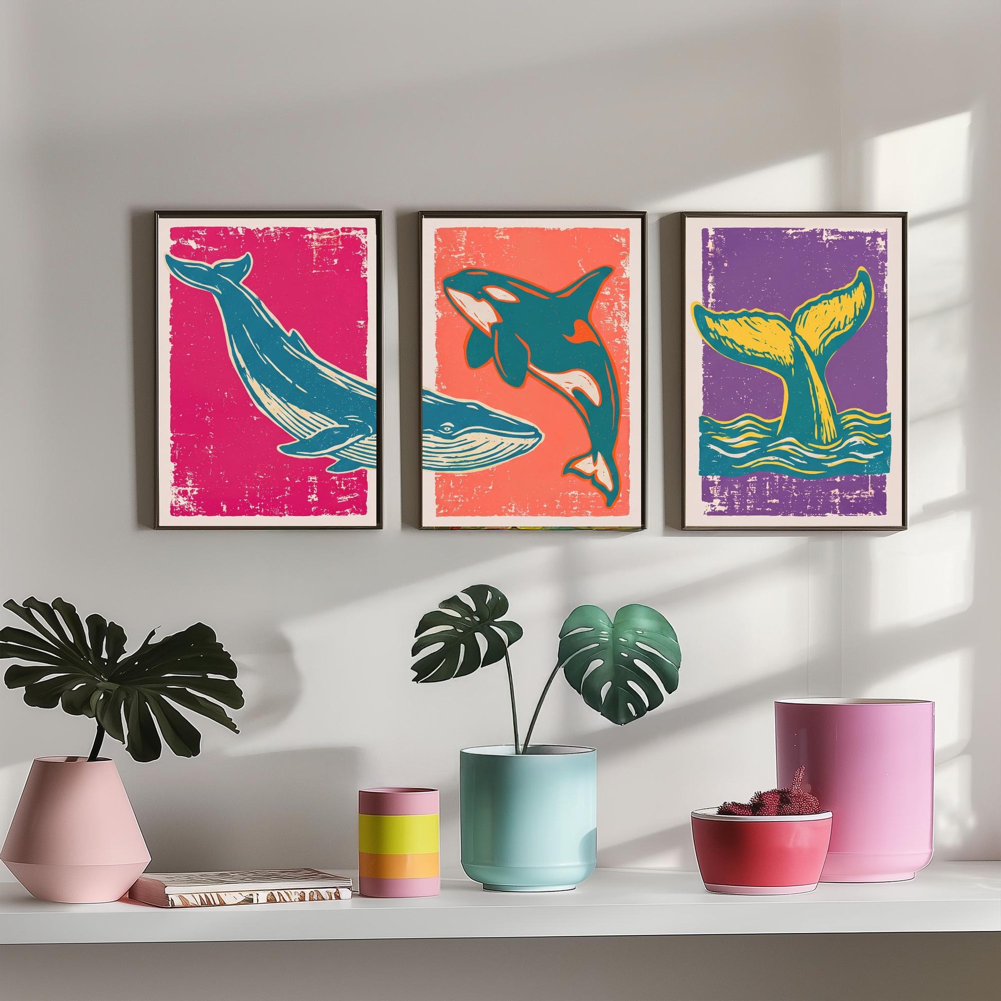 Blue Whale, Orca & Humpback Set of Three Art Prints - Linocut Whale Illustrations - Ocean Triptych Posters V1