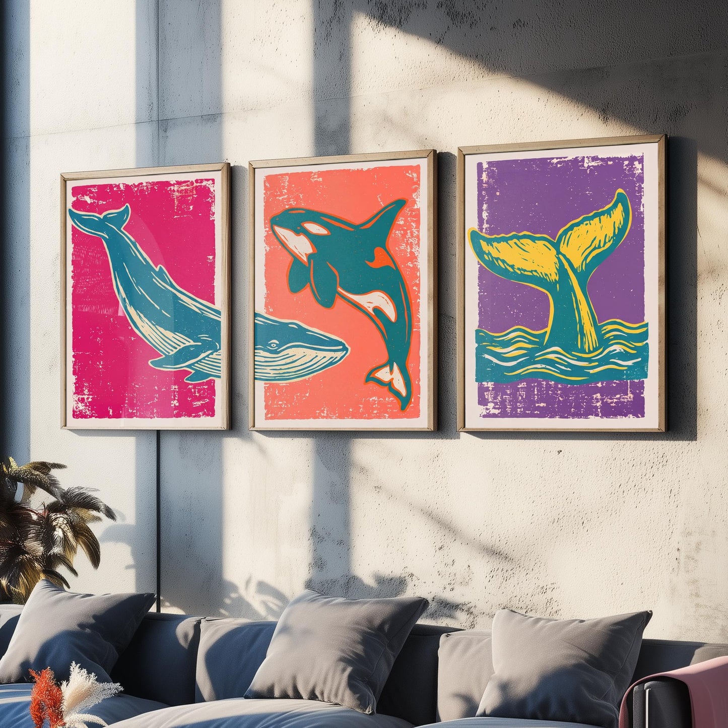 Blue Whale, Orca & Humpback Set of Three Art Prints - Linocut Whale Illustrations - Ocean Triptych Posters V1