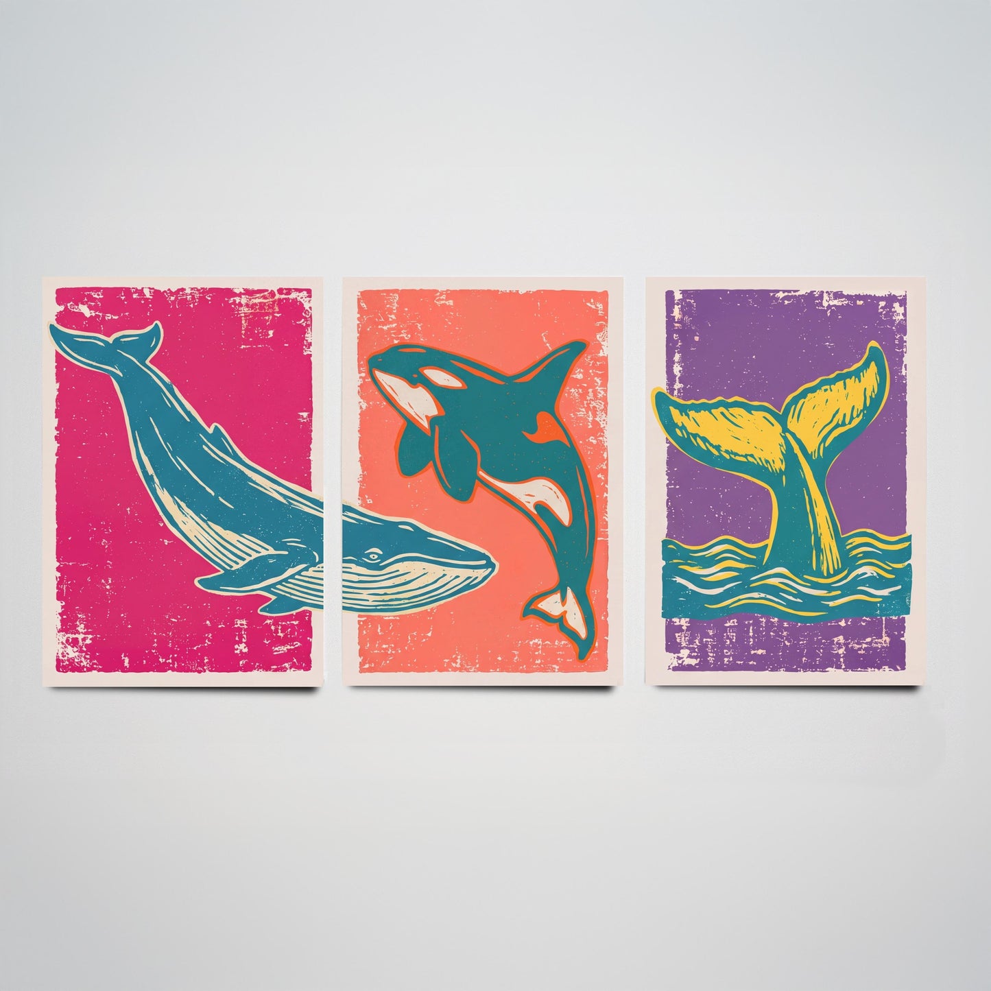 Blue Whale, Orca & Humpback Set of Three Art Prints - Linocut Whale Illustrations - Ocean Triptych Posters V1