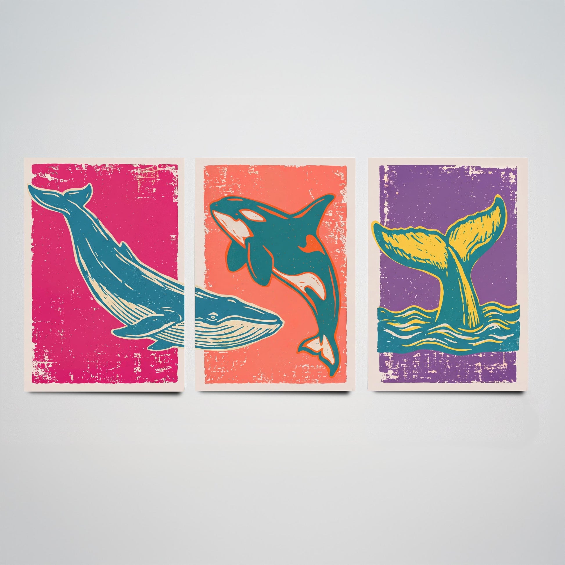 Blue Whale, Orca & Humpback Set of Three Art Prints - Linocut Whale Illustrations - Ocean Triptych Posters V1