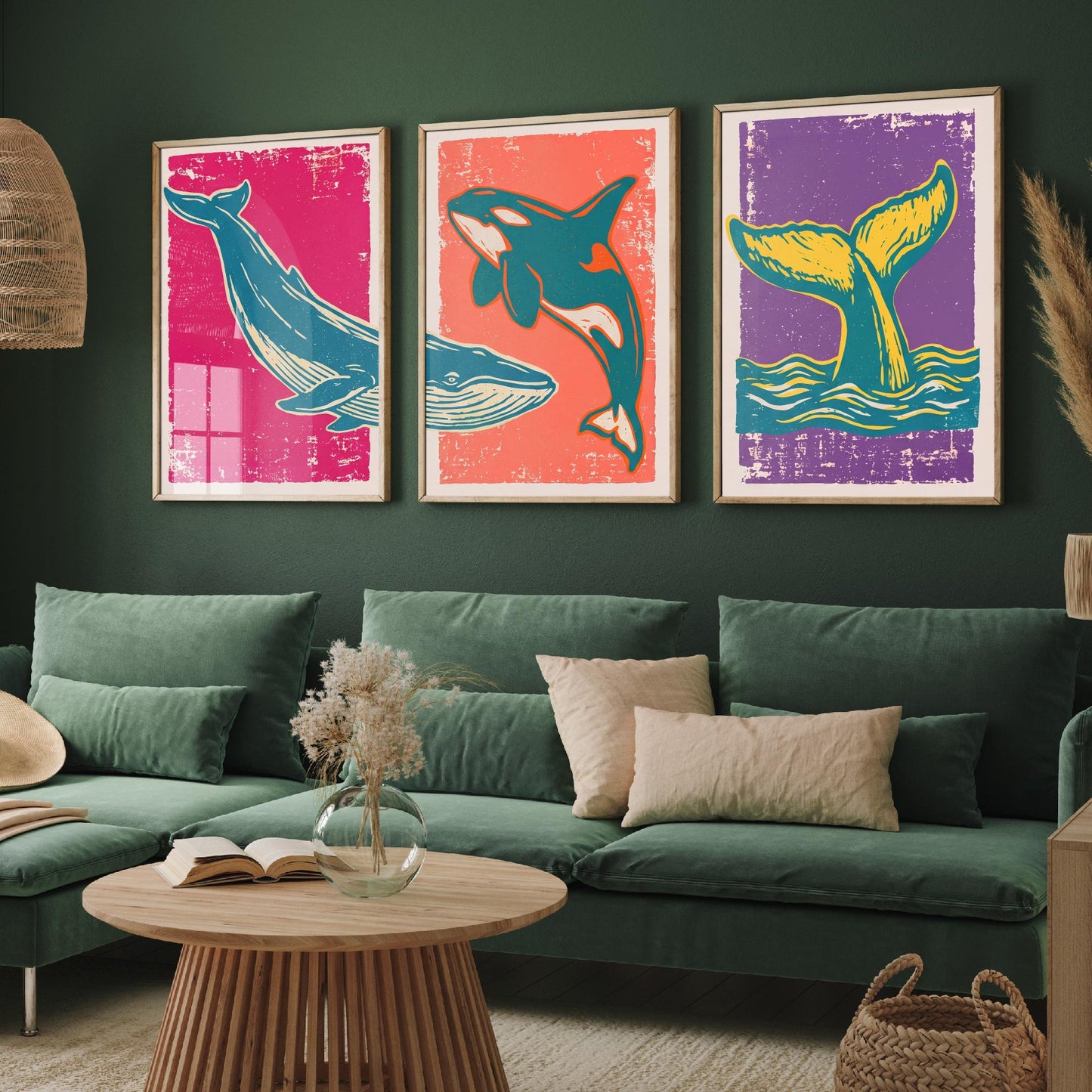 Blue Whale, Orca & Humpback Set of Three Art Prints - Linocut Whale Illustrations - Ocean Triptych Posters V1