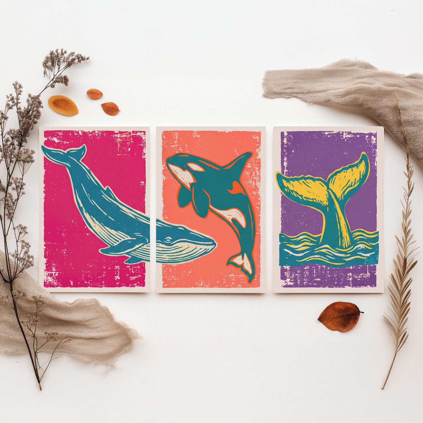 Blue Whale, Orca & Humpback Set of Three Art Prints - Linocut Whale Illustrations - Ocean Triptych Posters V1