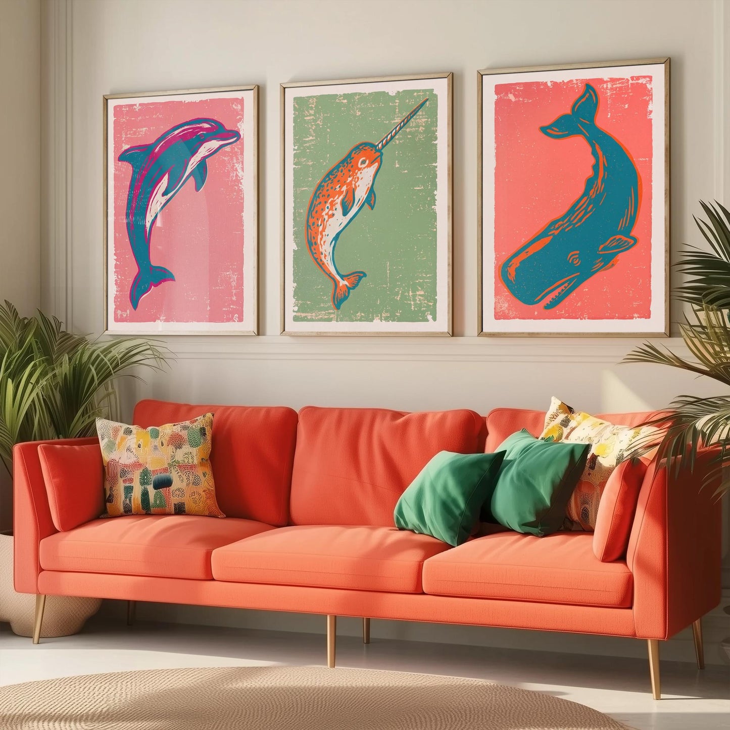 Dolphin, Narwhal & Sperm Whale Set of Three Art Prints - Linocut Ocean Illustrations - Sea Life Triptych Posters V2